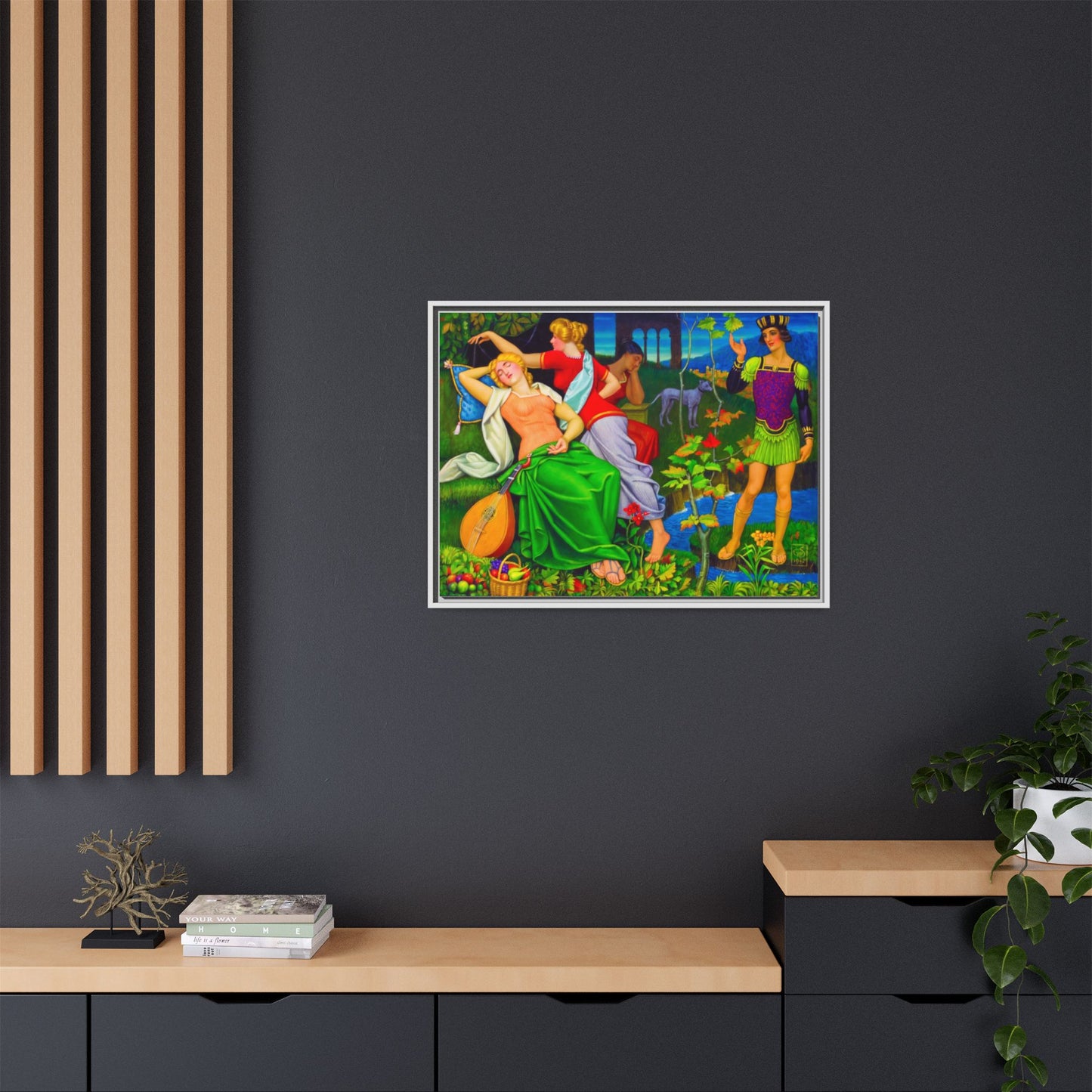 Framed Matte Canvas Art — Colorful Mythic Garden Scene