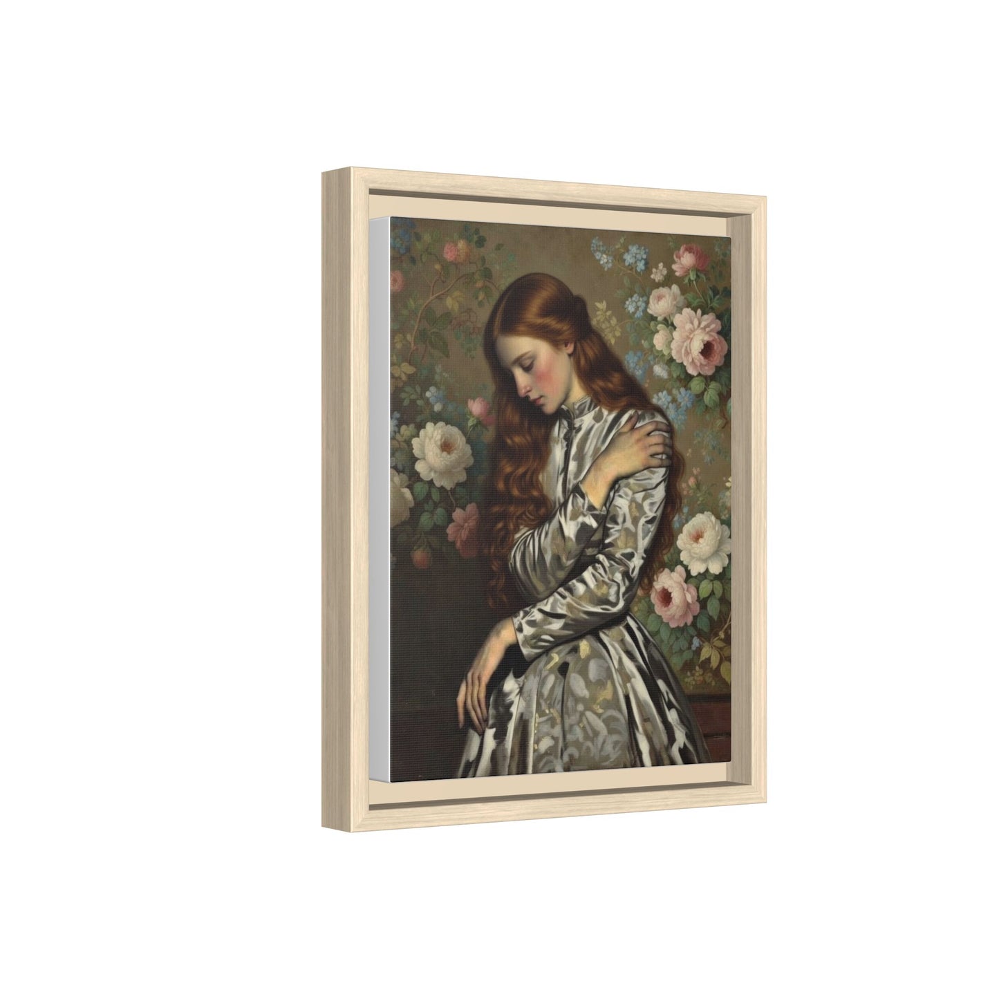 Framed Matte Canvas Art — Vintage Floral Portrait of a Young Woman