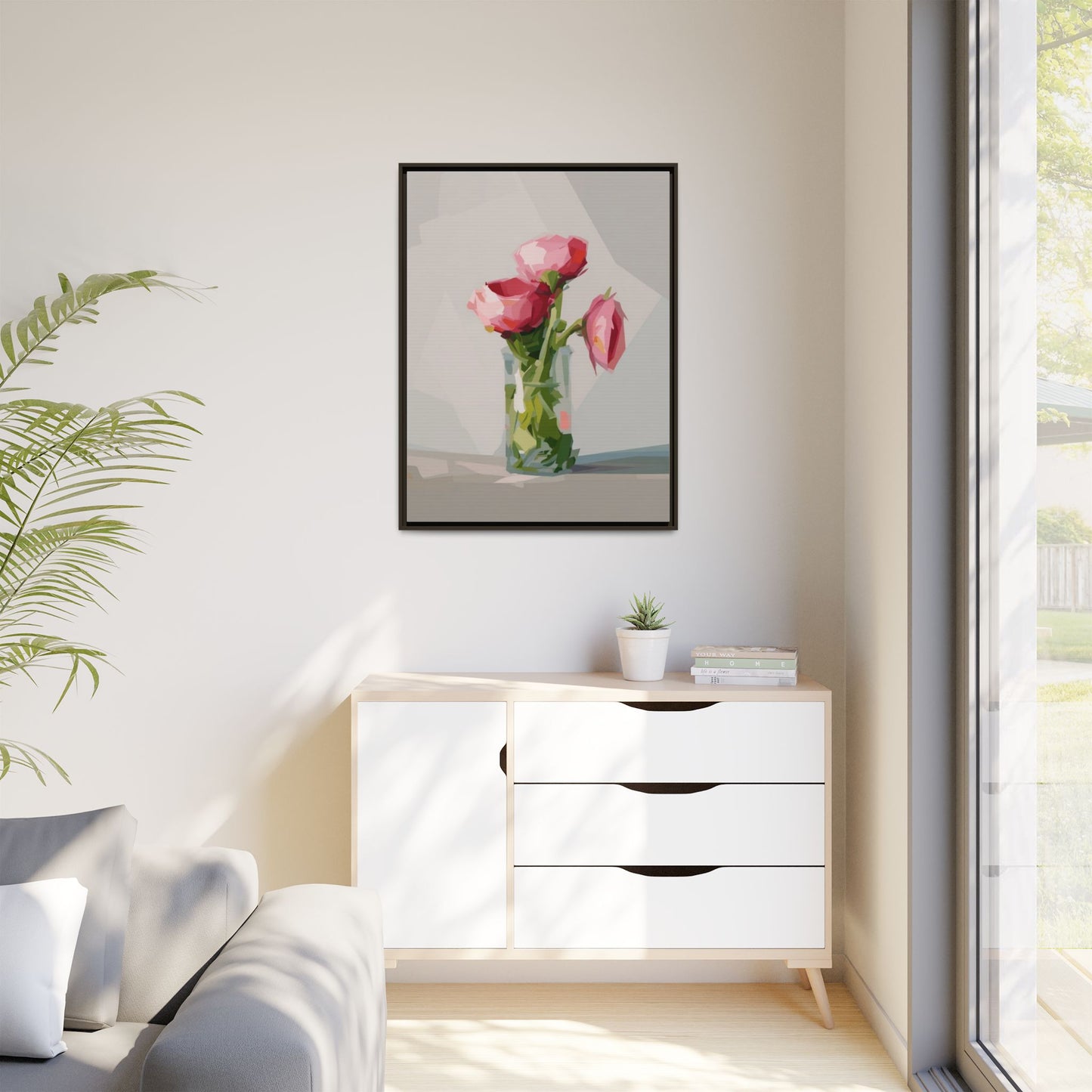 Framed Canvas Art — Pink Roses in Vase, Modern Floral Wall Print