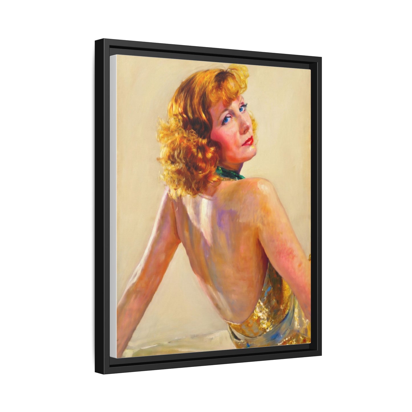 Framed Matte Canvas Print — Vintage Portrait of Redhead Greta Garbo in Gold Dress