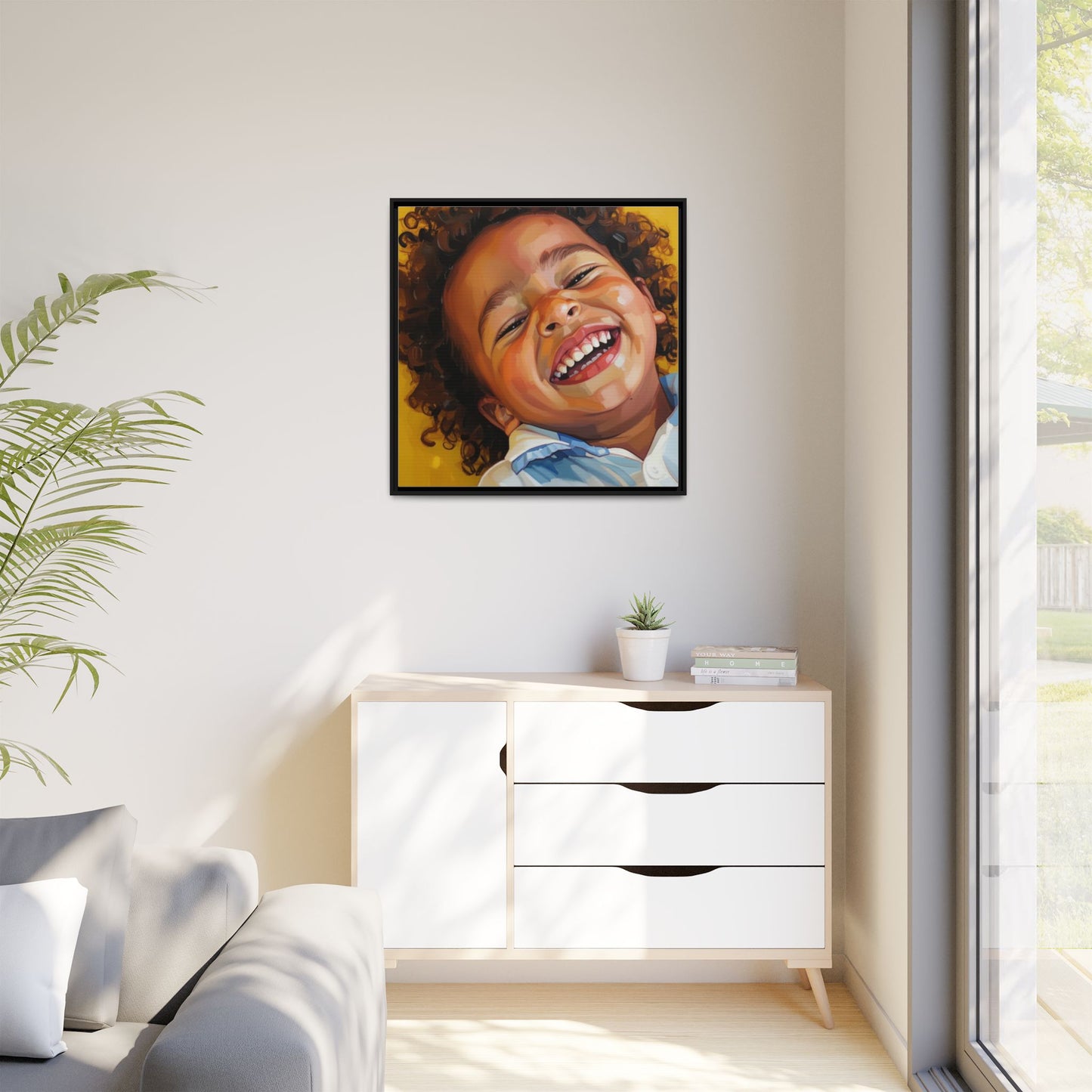 Framed Matte Canvas Print – Joyful Child Portrait, Colorful Nursery Wall Art