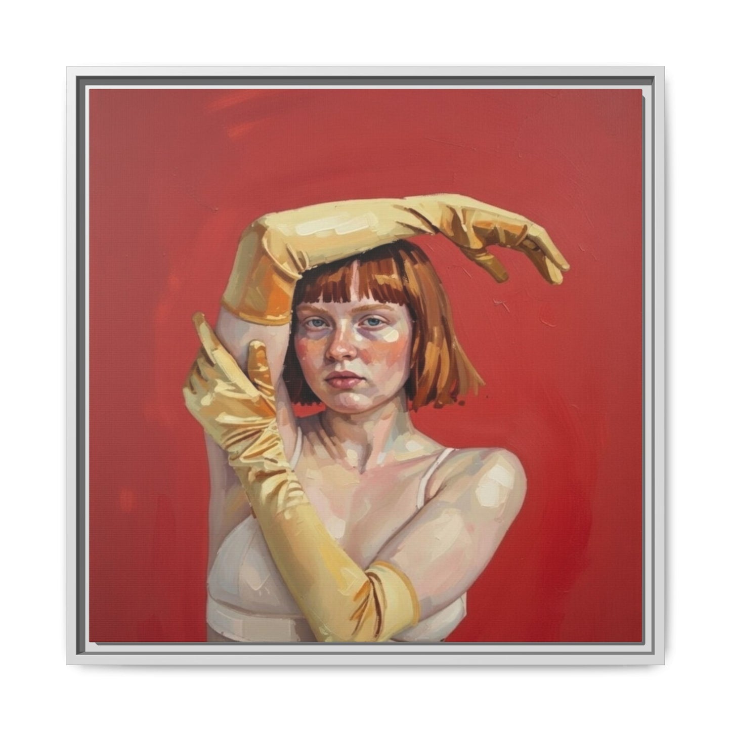 Framed Matte Canvas Art - Portrait of Woman in Yellow Gloves (Red Background)