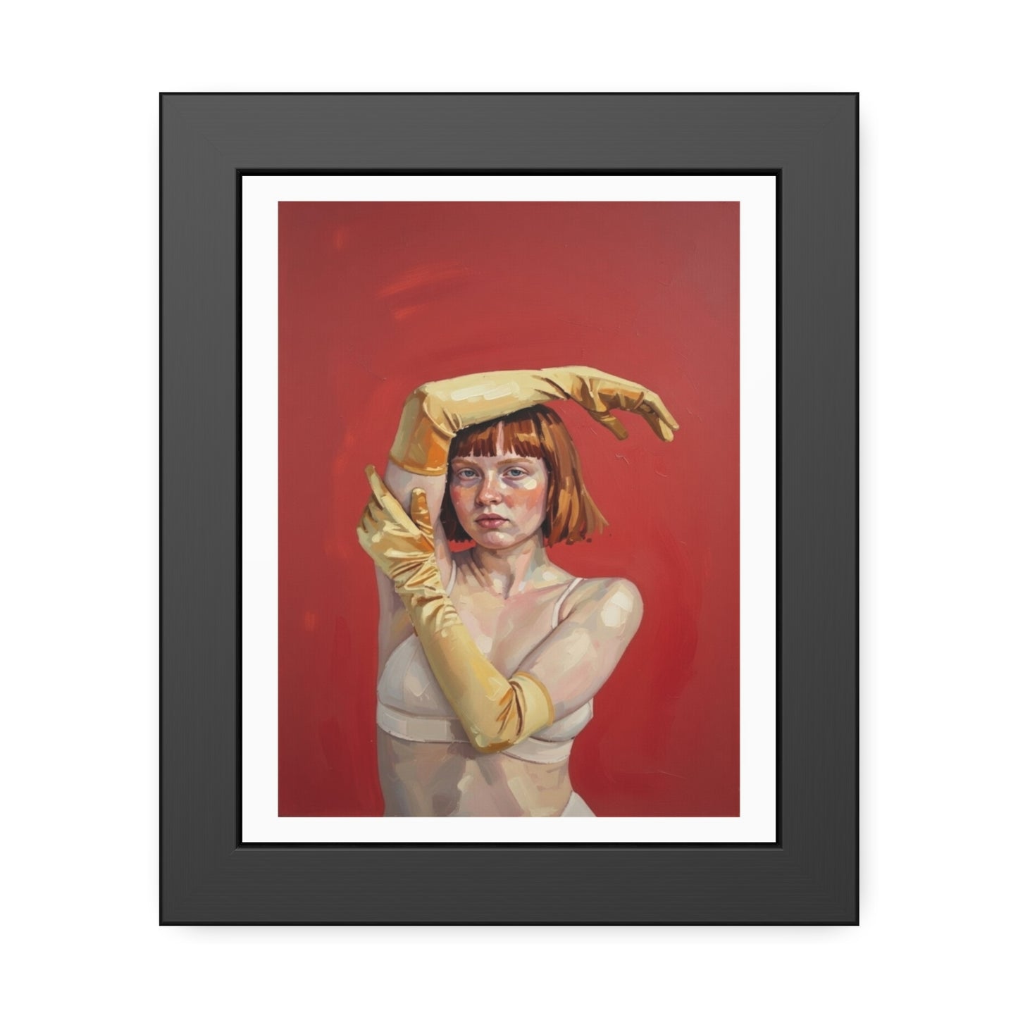 Framed Art Print — Retro Portrait with Yellow Gloves on Red Background