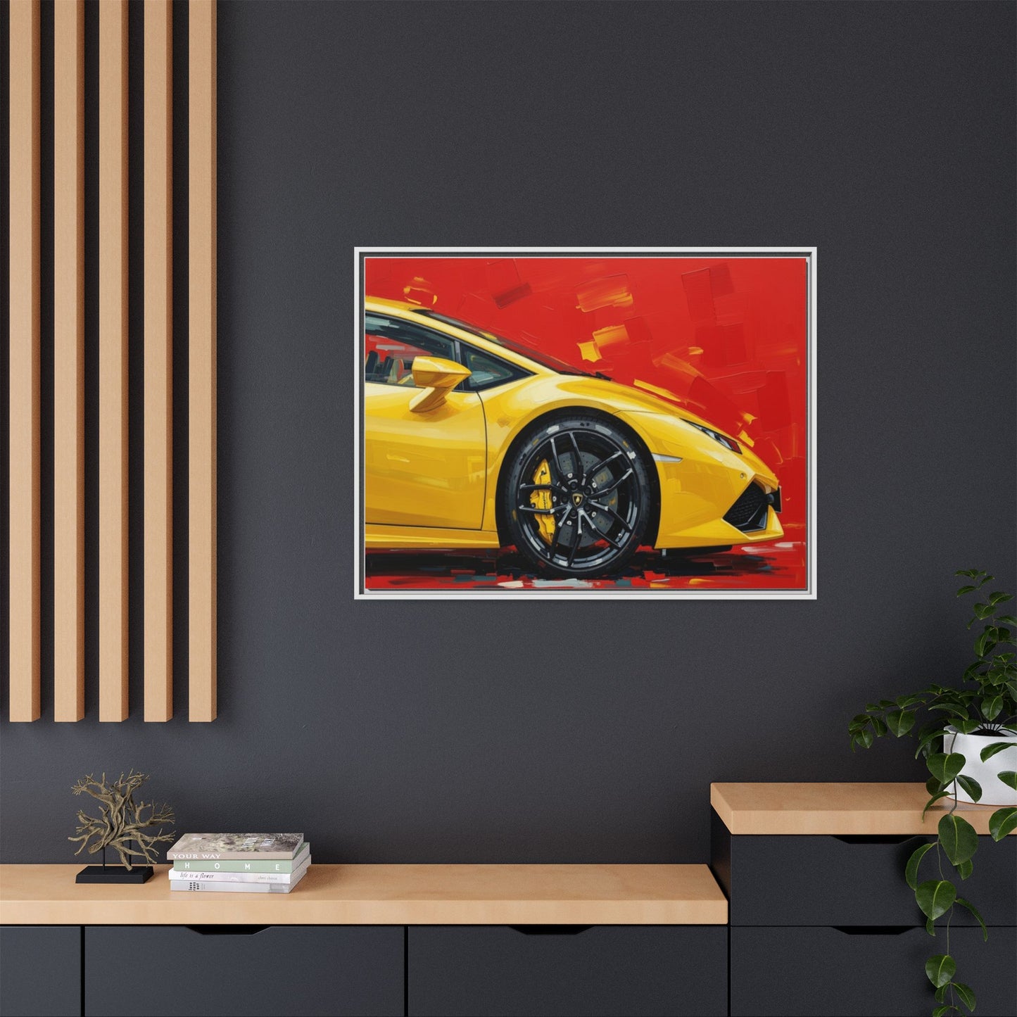 Yellow Sports Car Matte Canvas Print — Framed Automotive Wall Art