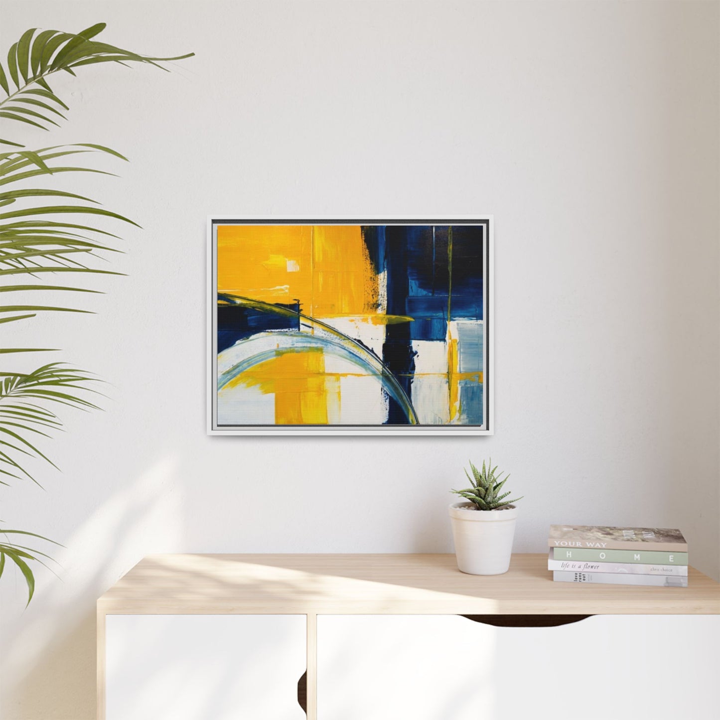 Abstract Yellow & Blue Framed Canvas Wall Art — Modern Matte Canvas Print