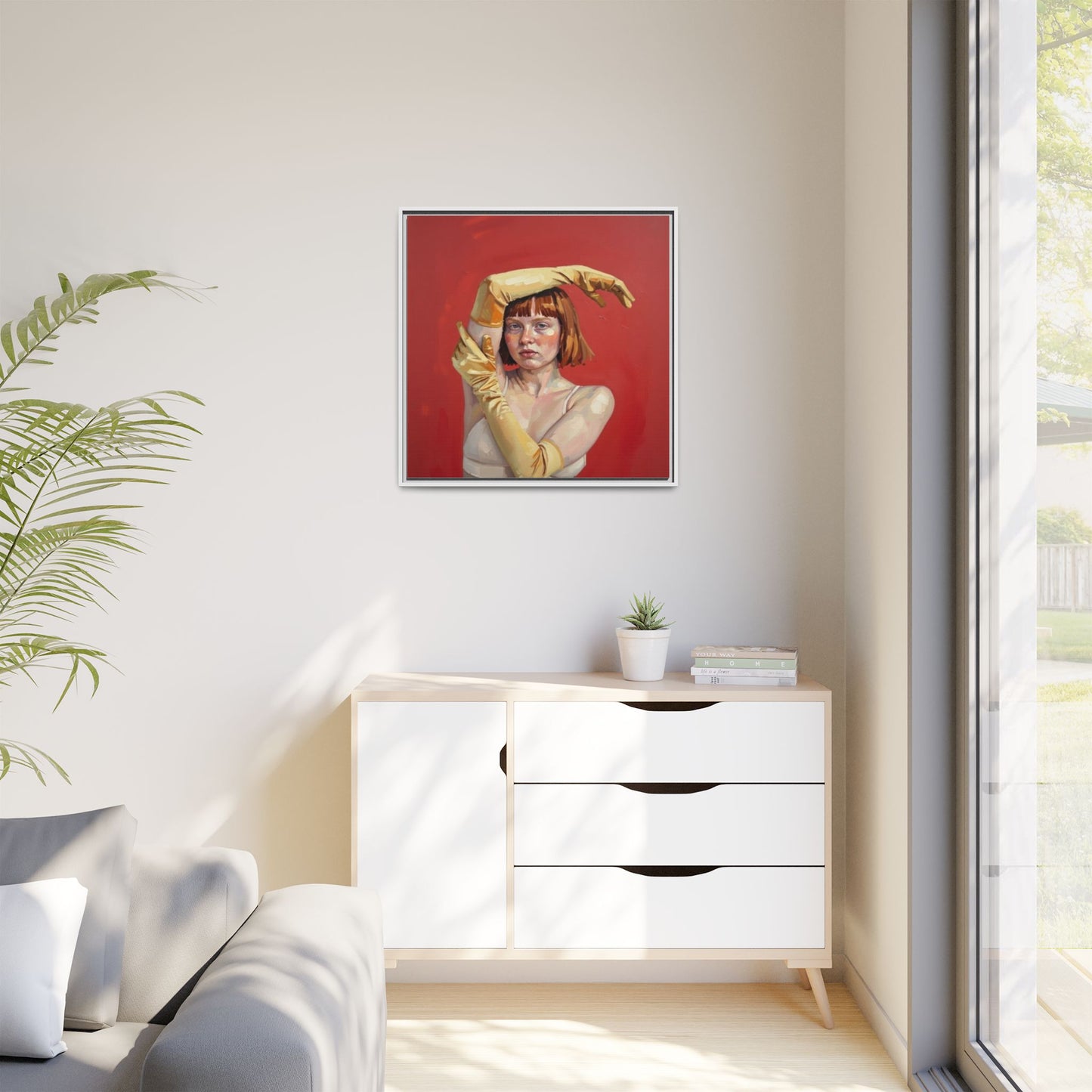 Framed Matte Canvas Art - Portrait of Woman in Yellow Gloves (Red Background)