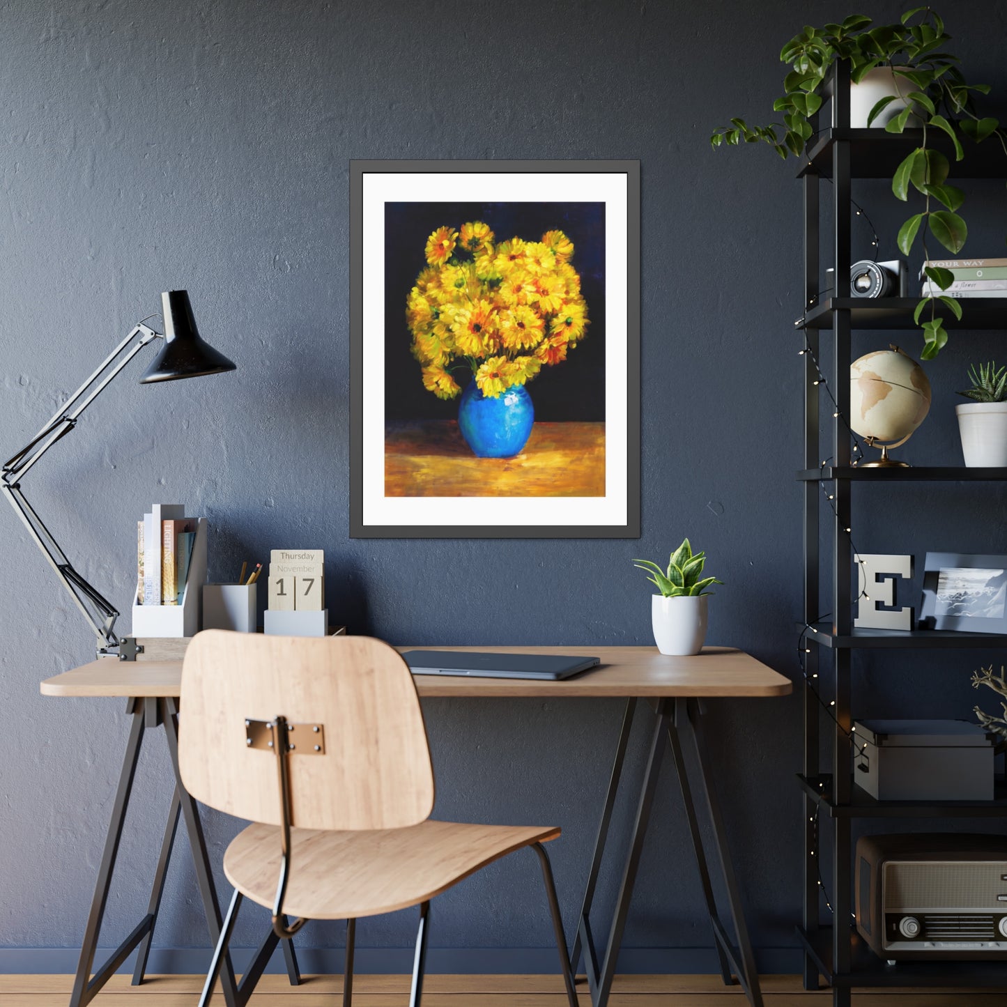 Framed Art Print — Yellow Daisy Bouquet in Blue Vase