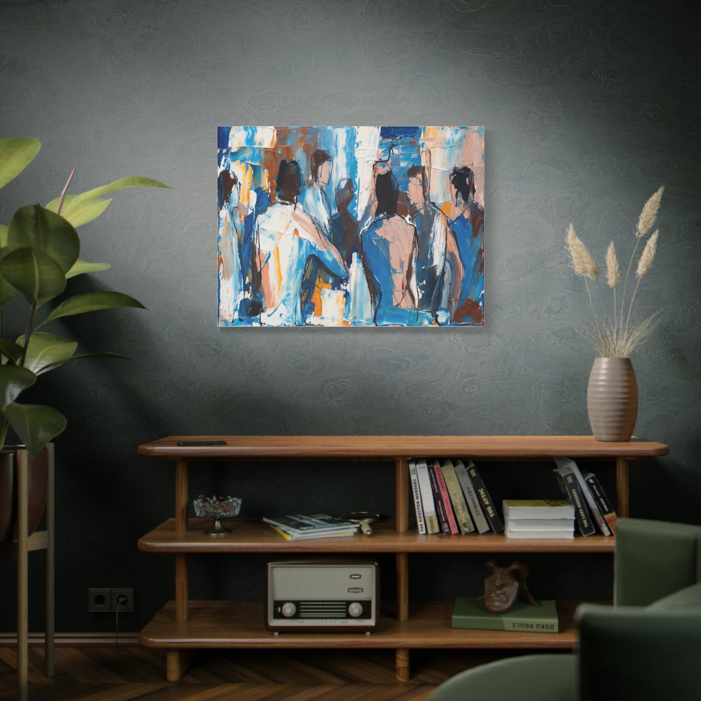 Abstract Figurative Canvas Art — Blue Social Scene Matte Stretched Canvas