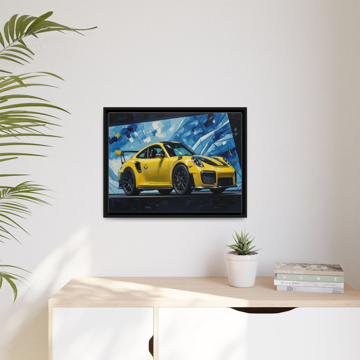 Yellow Porsche Sports Car Matte Framed Canvas – Modern Automotive Wall Art
