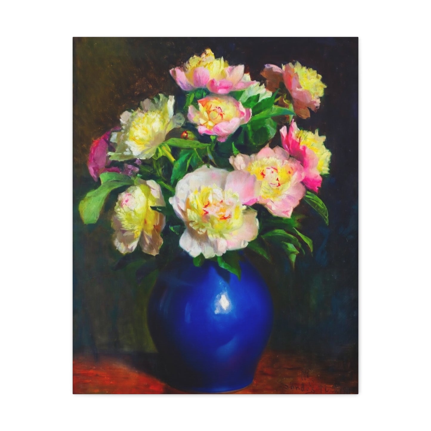 Peony Bouquet Canvas Print — Pink Peonies in Blue Vase, Stretched Matte Wall Art