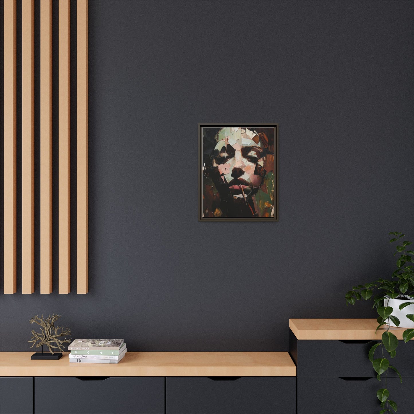 Matte Framed Canvas Art — Abstract Female Portrait, Moody Multicolor