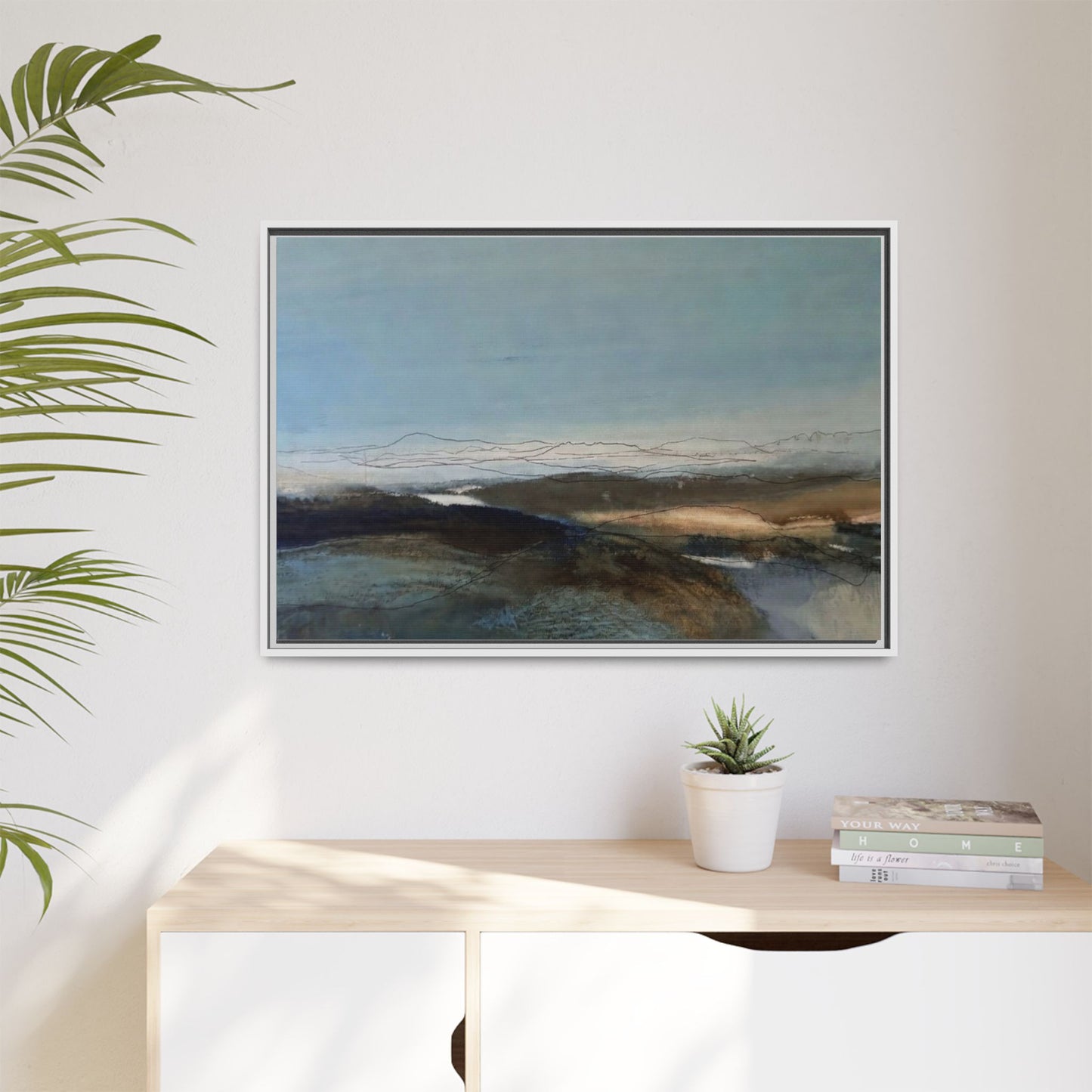 Framed Matte Canvas Wall Art — Serene Abstract Blue Landscape