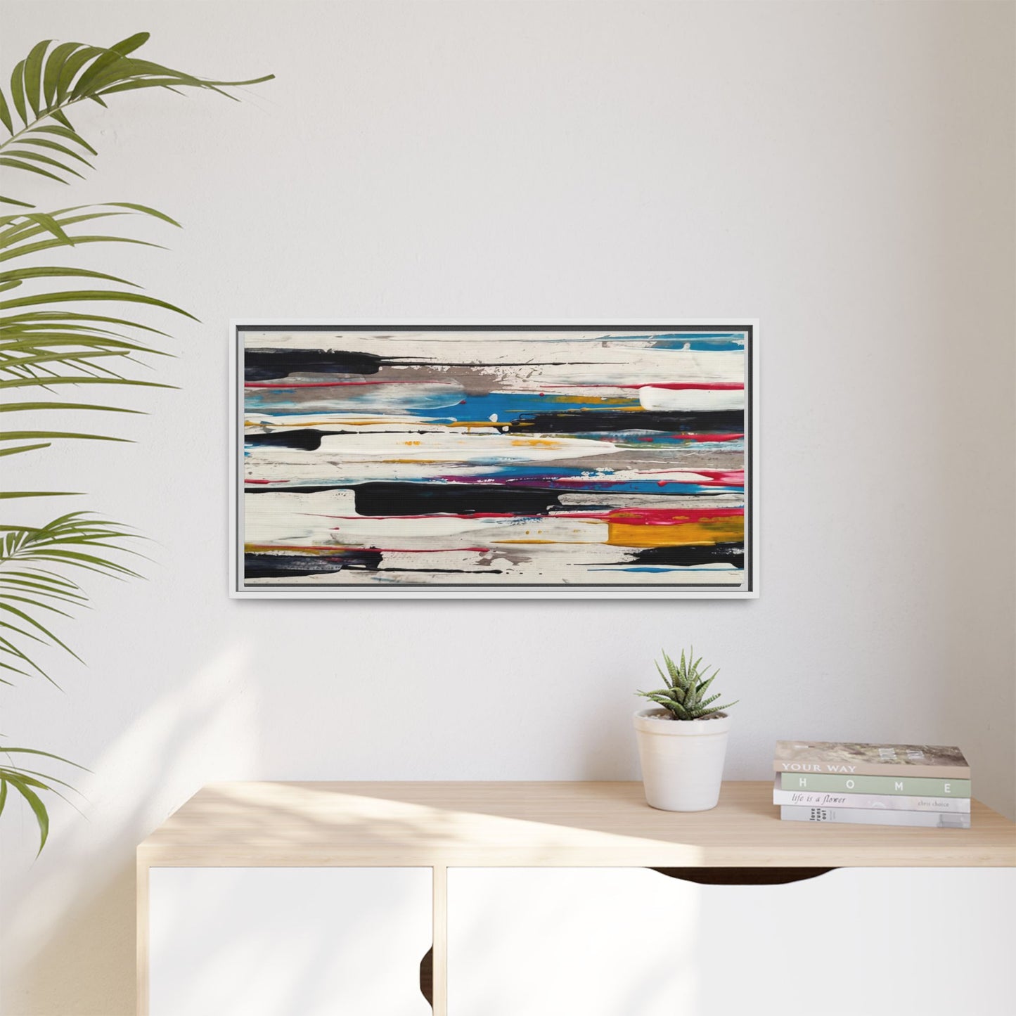 Abstract Multi-Color Framed Canvas Wall Art — Modern Horizontal Brushstroke Print