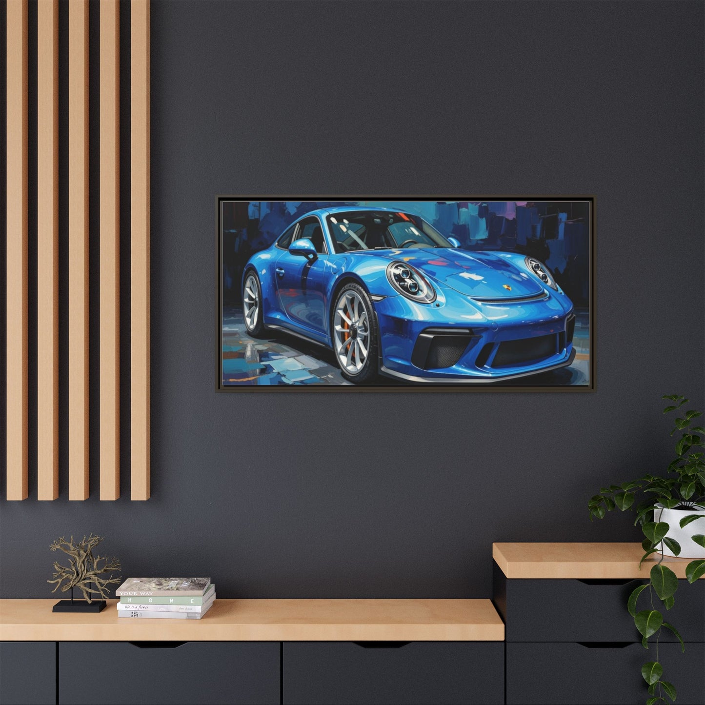 Blue Sports Car Matte Canvas Framed Print — Modern Automotive Wall Art