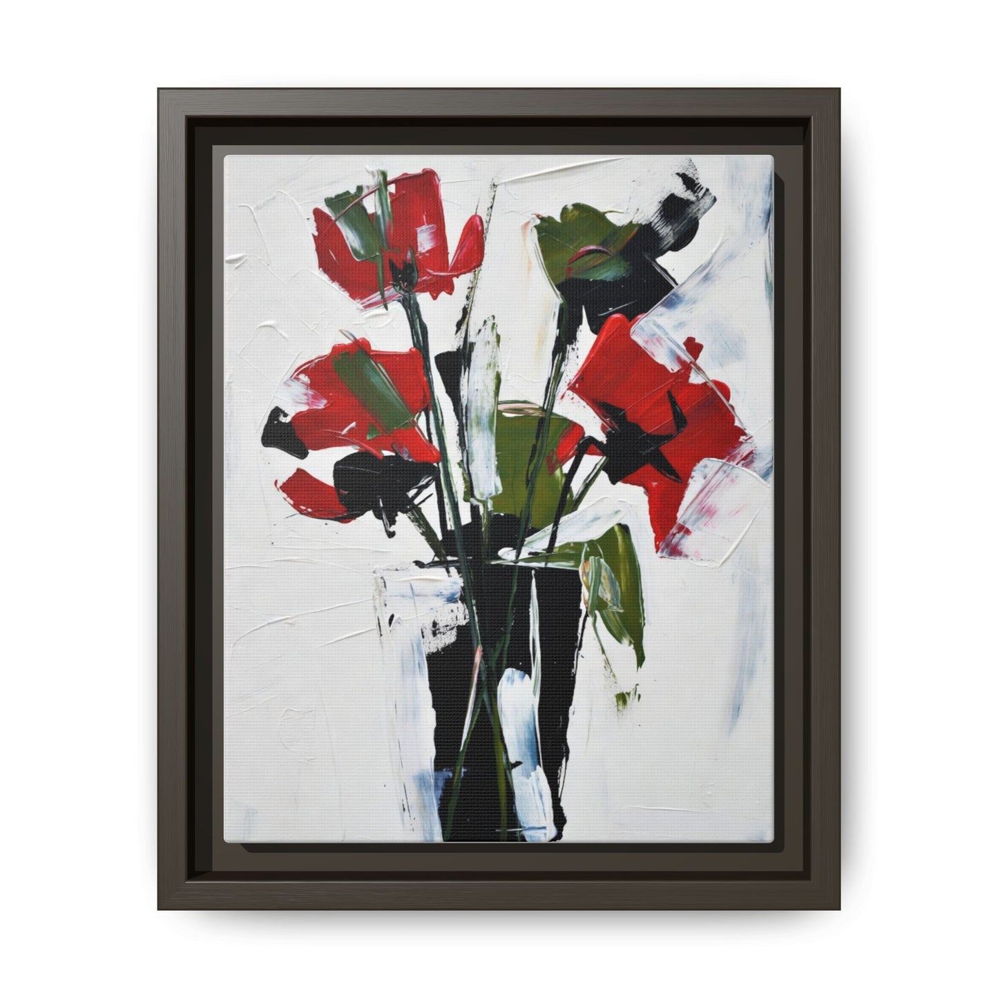 Framed Abstract Floral Canvas Print — Red Poppies in Black Vase
