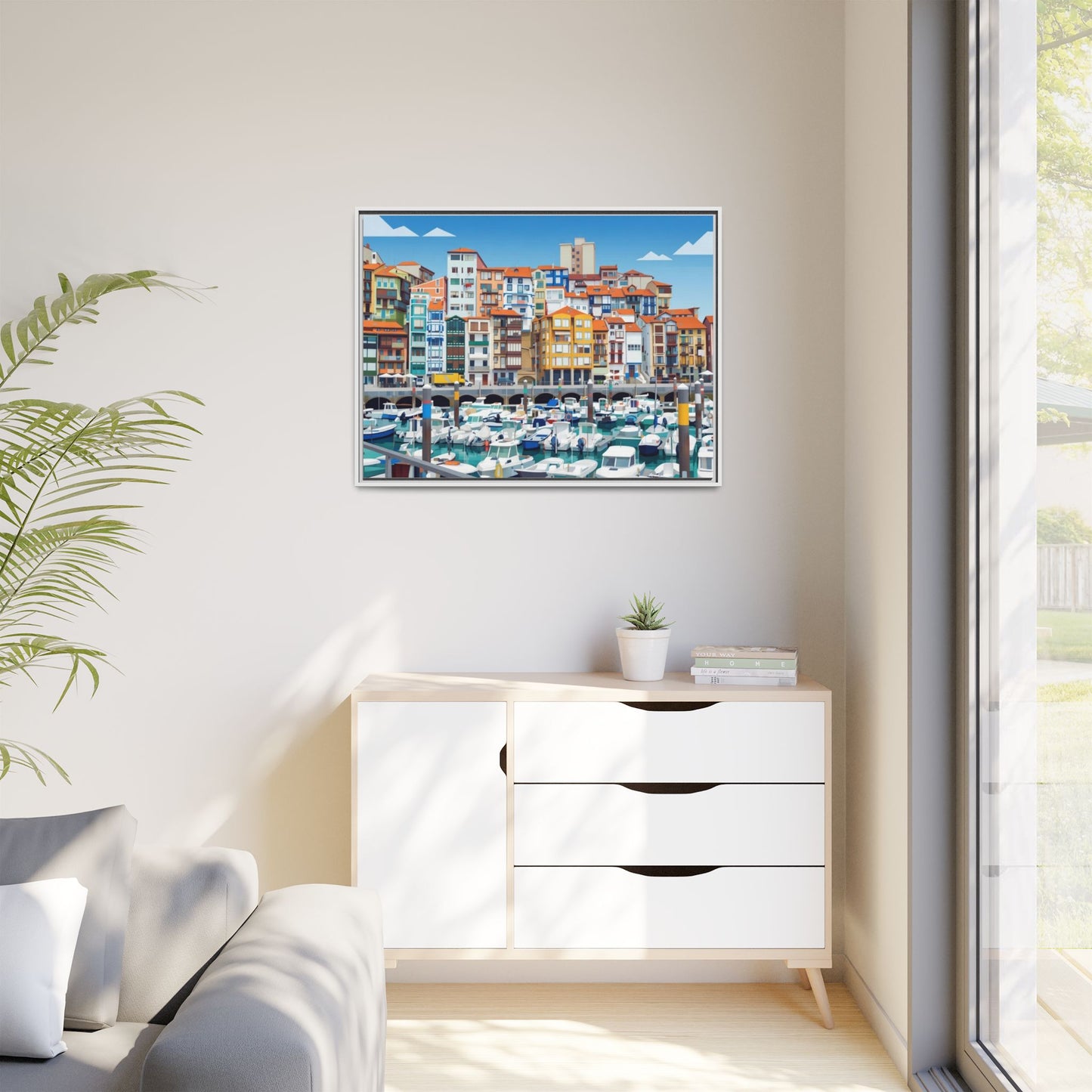 Framed Matte Canvas Print — Colorful Mediterranean Harbor Illustration