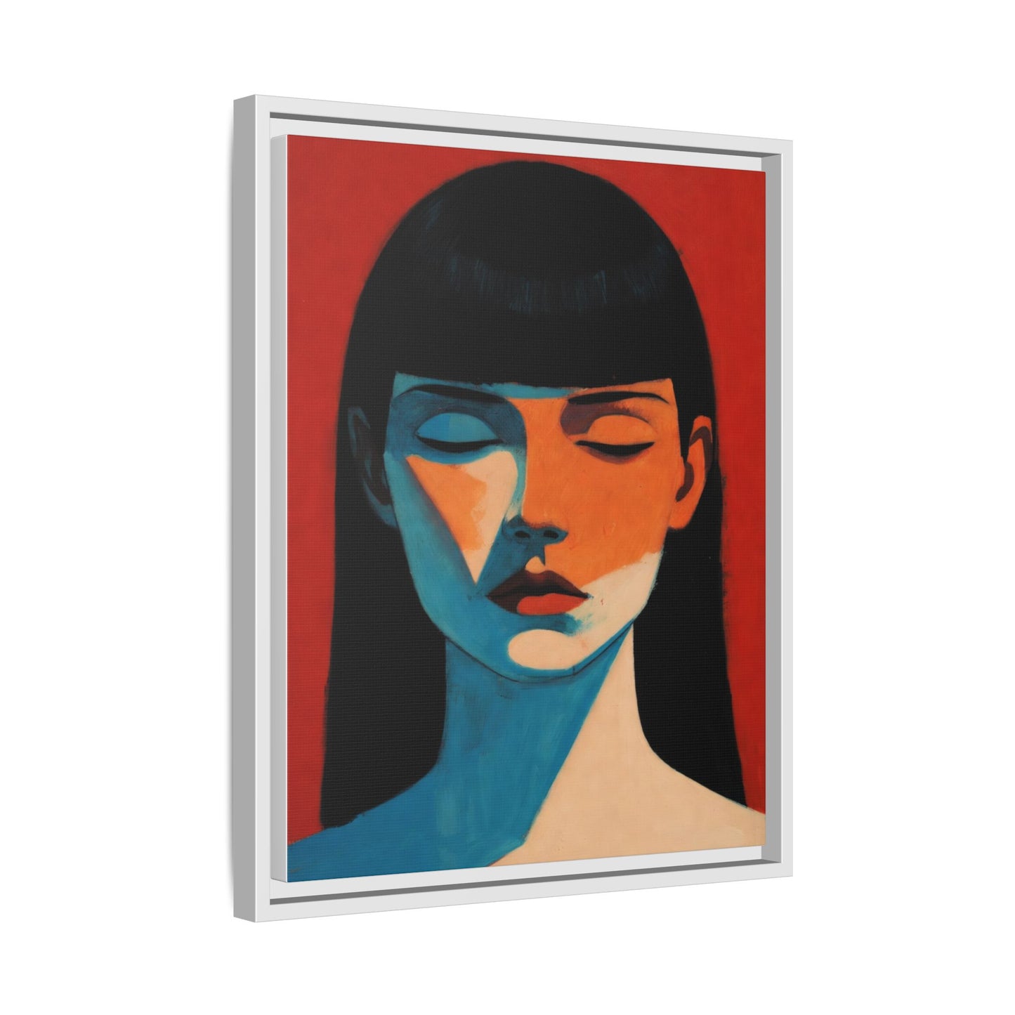 Framed Matte Canvas Art – Minimalist Portrait in Red & Teal