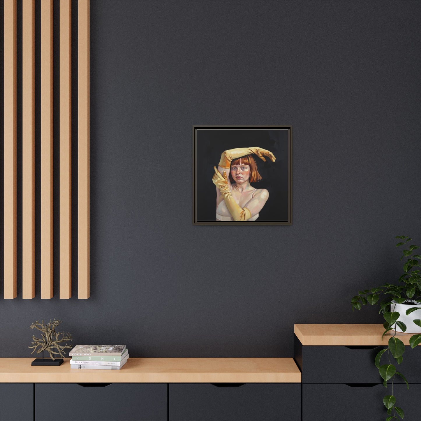 Framed Matte Canvas Art – Portrait of Woman in Yellow Gloves