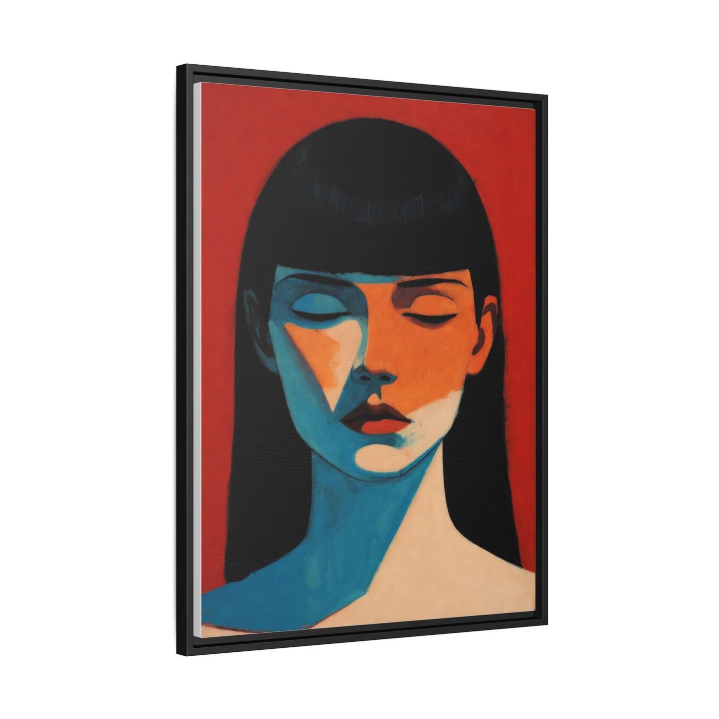 Framed Matte Canvas Art – Minimalist Portrait in Red & Teal
