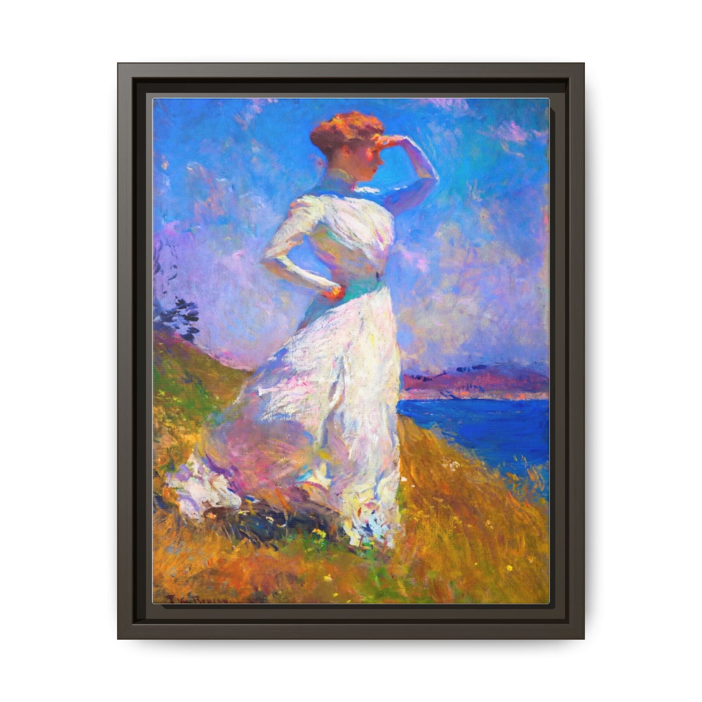 Framed Matte Canvas Art - Woman in White Seaside Impressionist Print