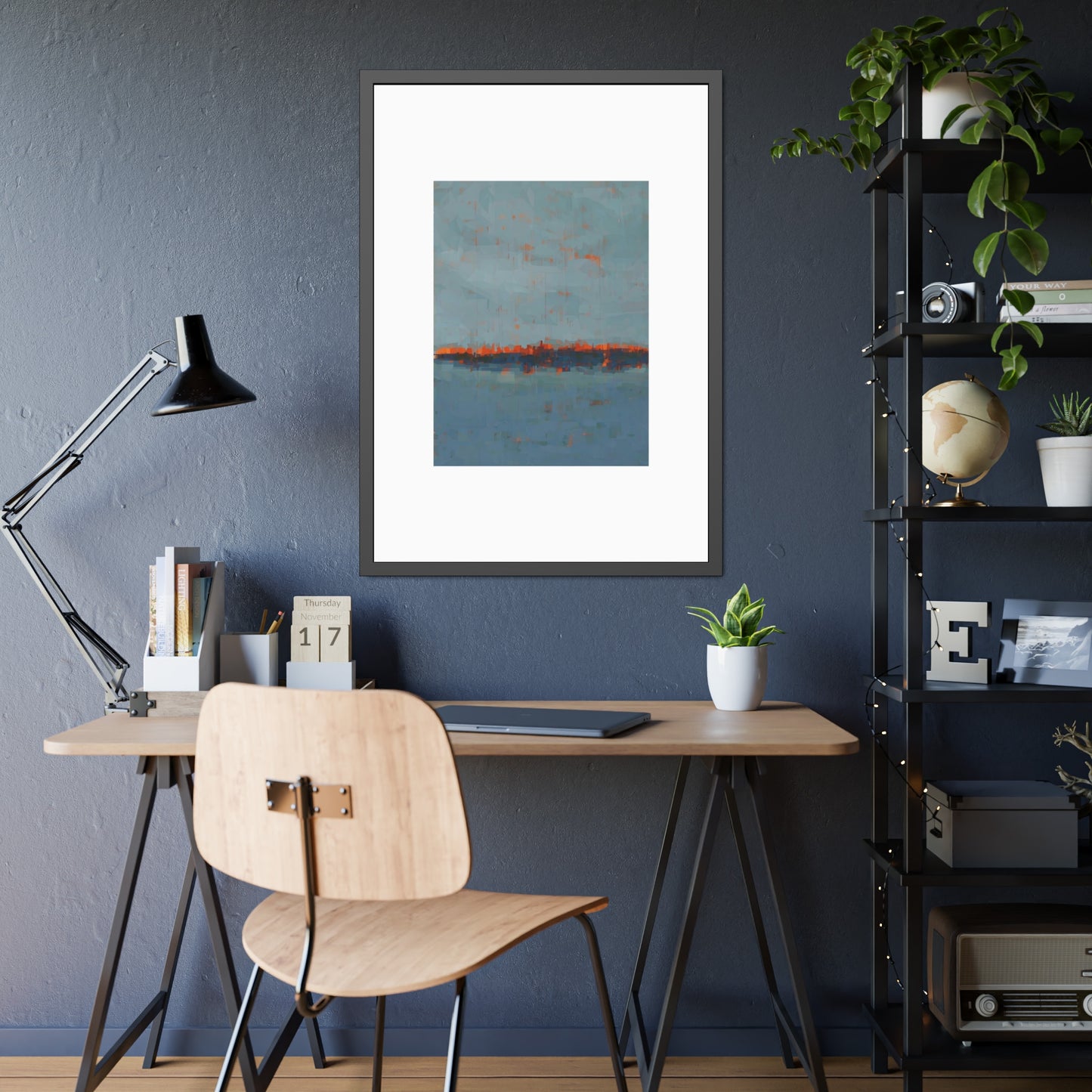 Abstract Seaside Framed Poster — Blue & Copper Minimalist Wall Art