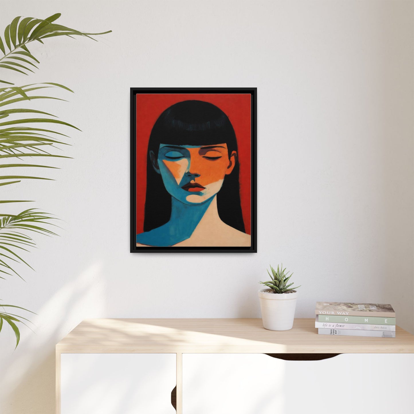 Framed Matte Canvas Art – Minimalist Portrait in Red & Teal