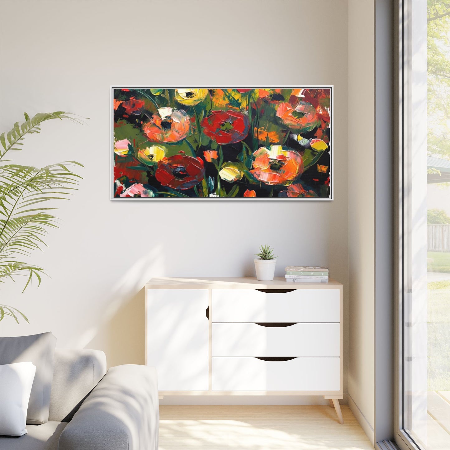 Framed Floral Canvas Print — Vibrant Abstract Poppies Wall Art