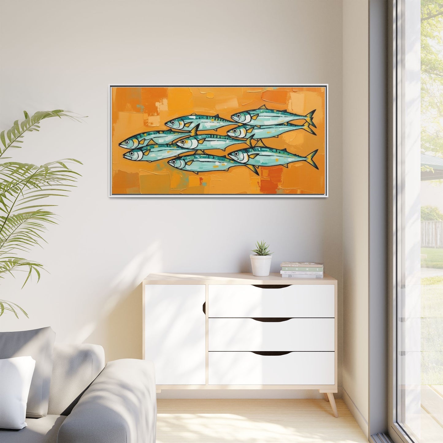 Framed Matte Canvas Print — School of Blue Fish on Orange Abstract Background