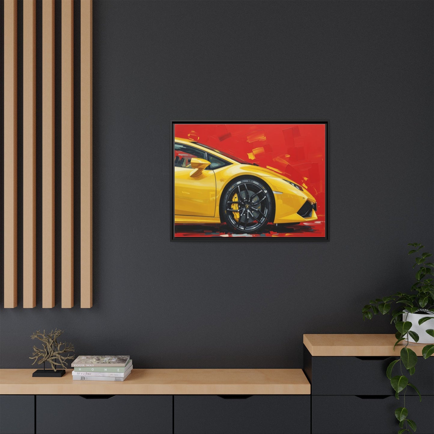 Yellow Sports Car Matte Canvas Print — Framed Automotive Wall Art