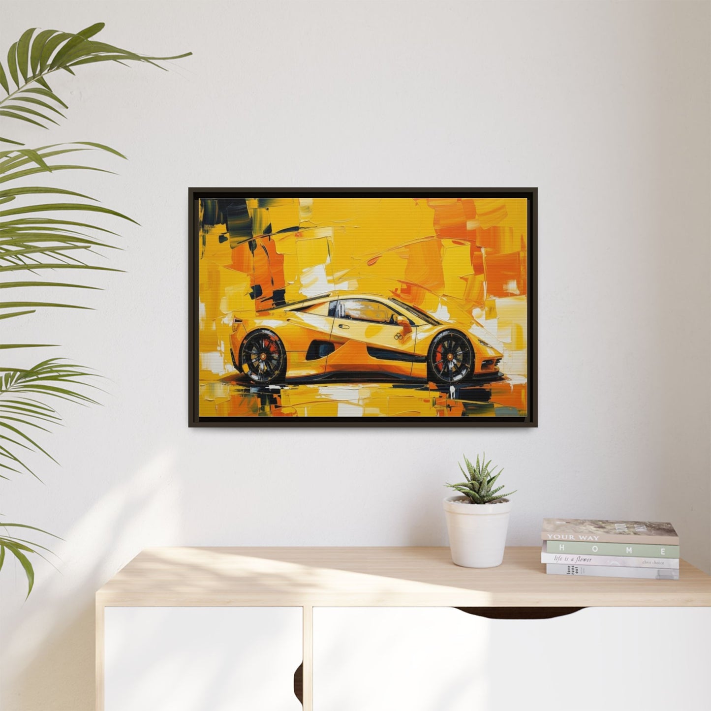 Yellow Sports Car Abstract Matte Canvas Framed Print