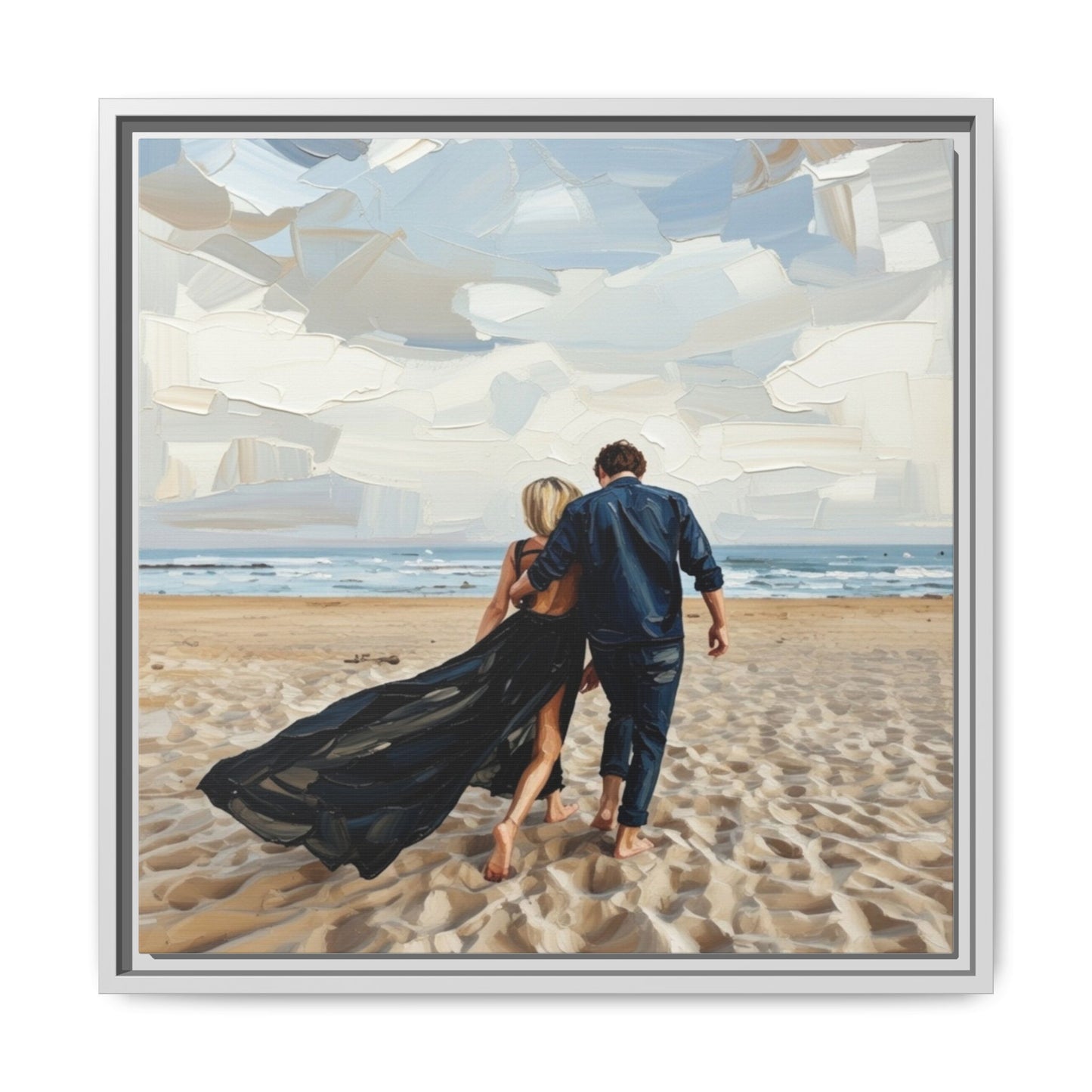 Framed Canvas Wall Art — Romantic Couple Walking on Beach Print