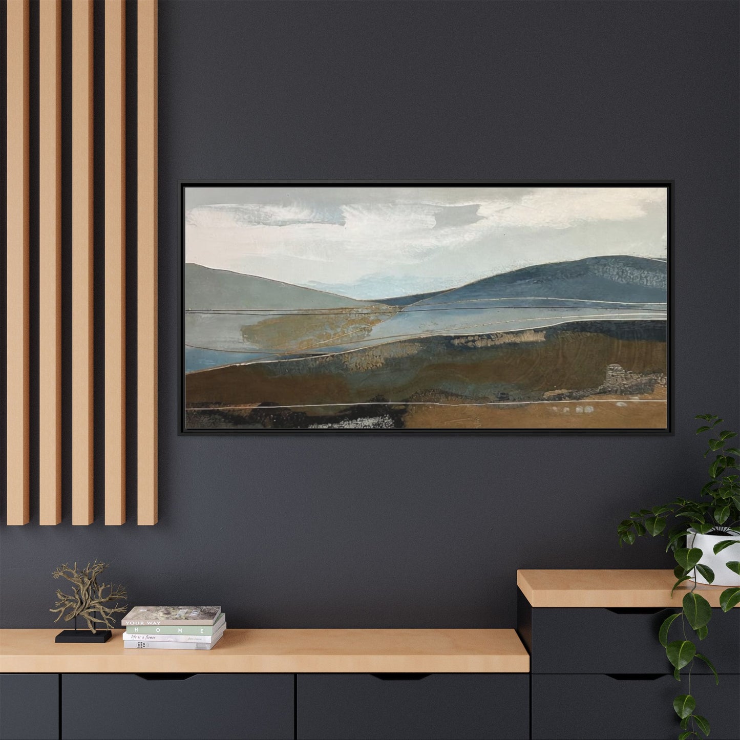 Framed Matte Canvas Landscape Art - Serene Abstract Hills in Blue & Earth Tones