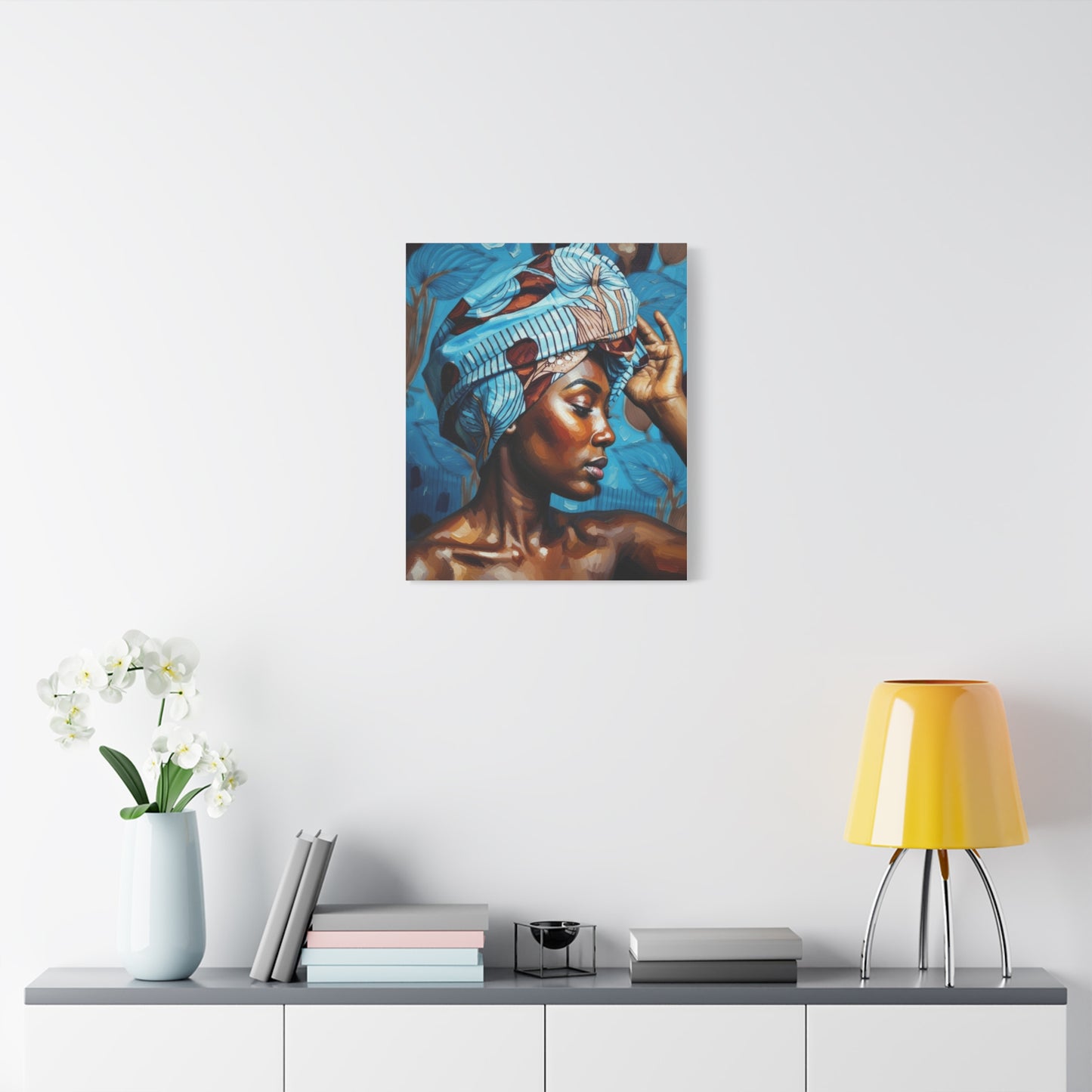 African Woman Portrait Canvas Wall Art - Blue Headwrap Matte Stretched Canvas