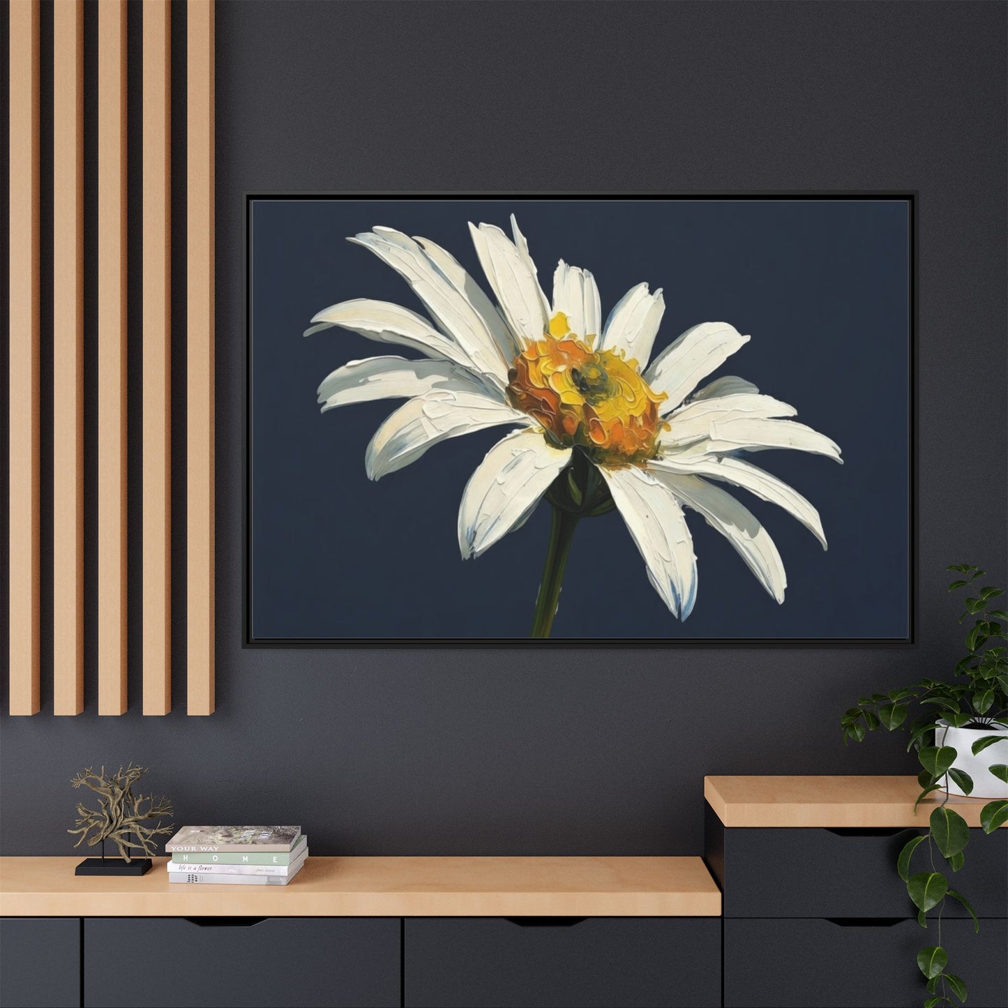 Framed Matte Canvas Daisy Wall Art — White Floral Painting on Navy