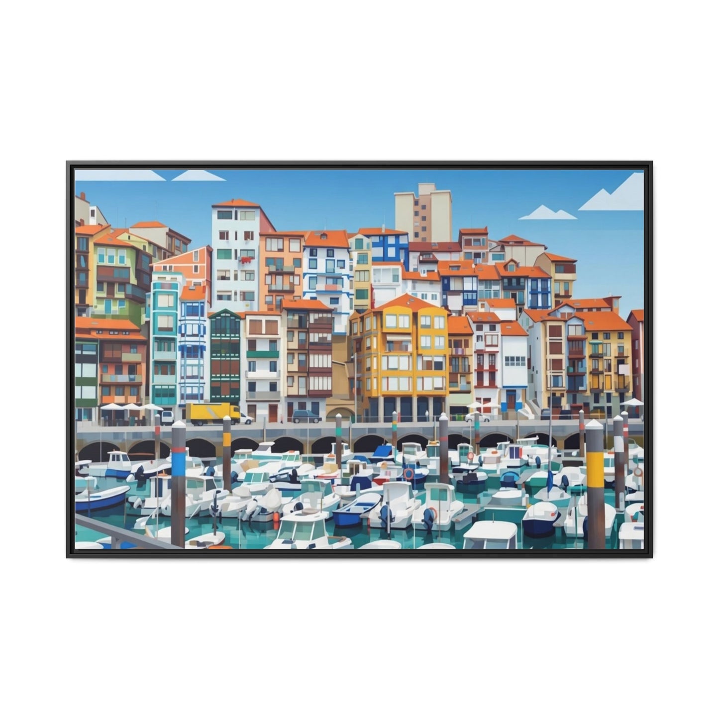 Framed Matte Canvas Print — Colorful Mediterranean Harbor Illustration
