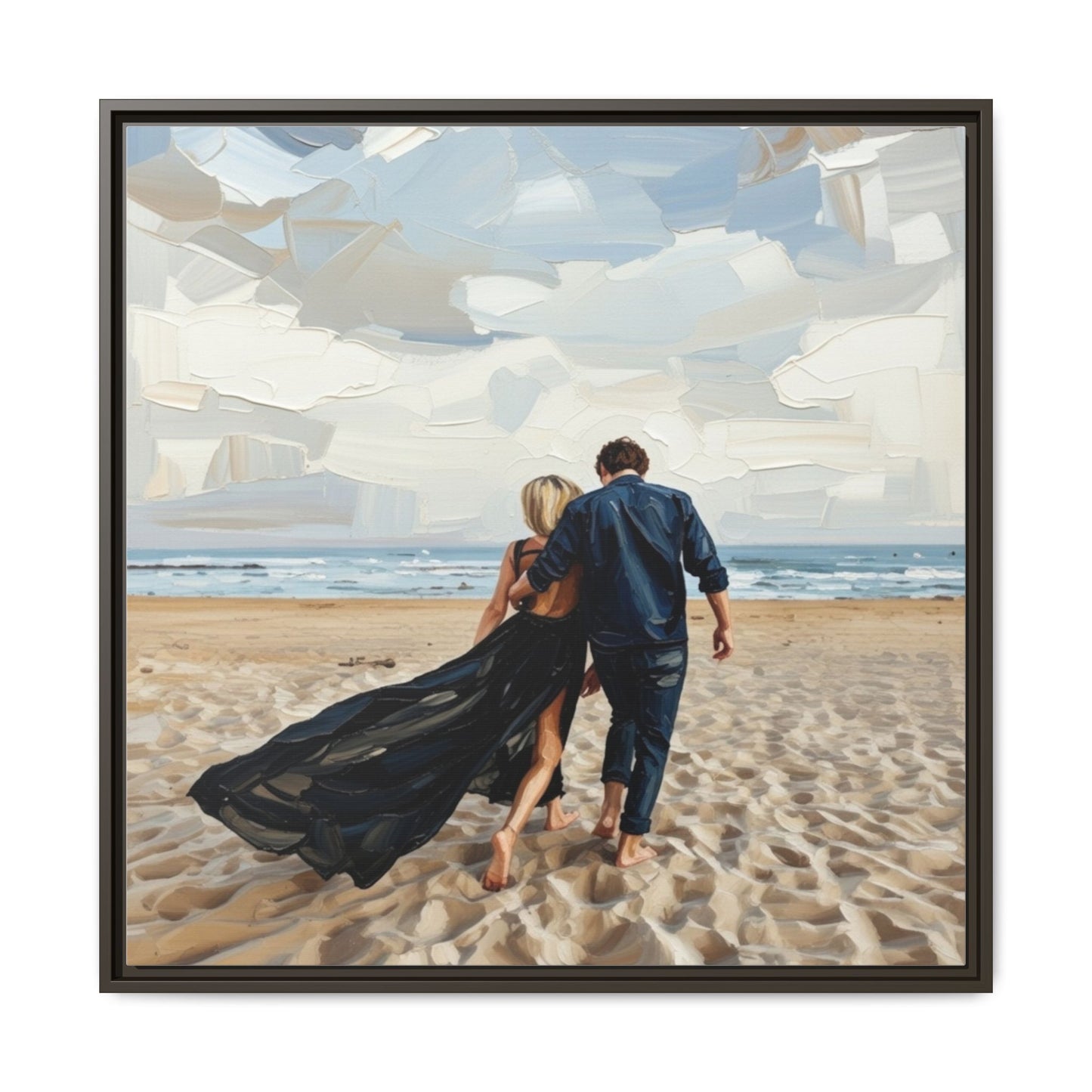 Framed Canvas Wall Art — Romantic Couple Walking on Beach Print