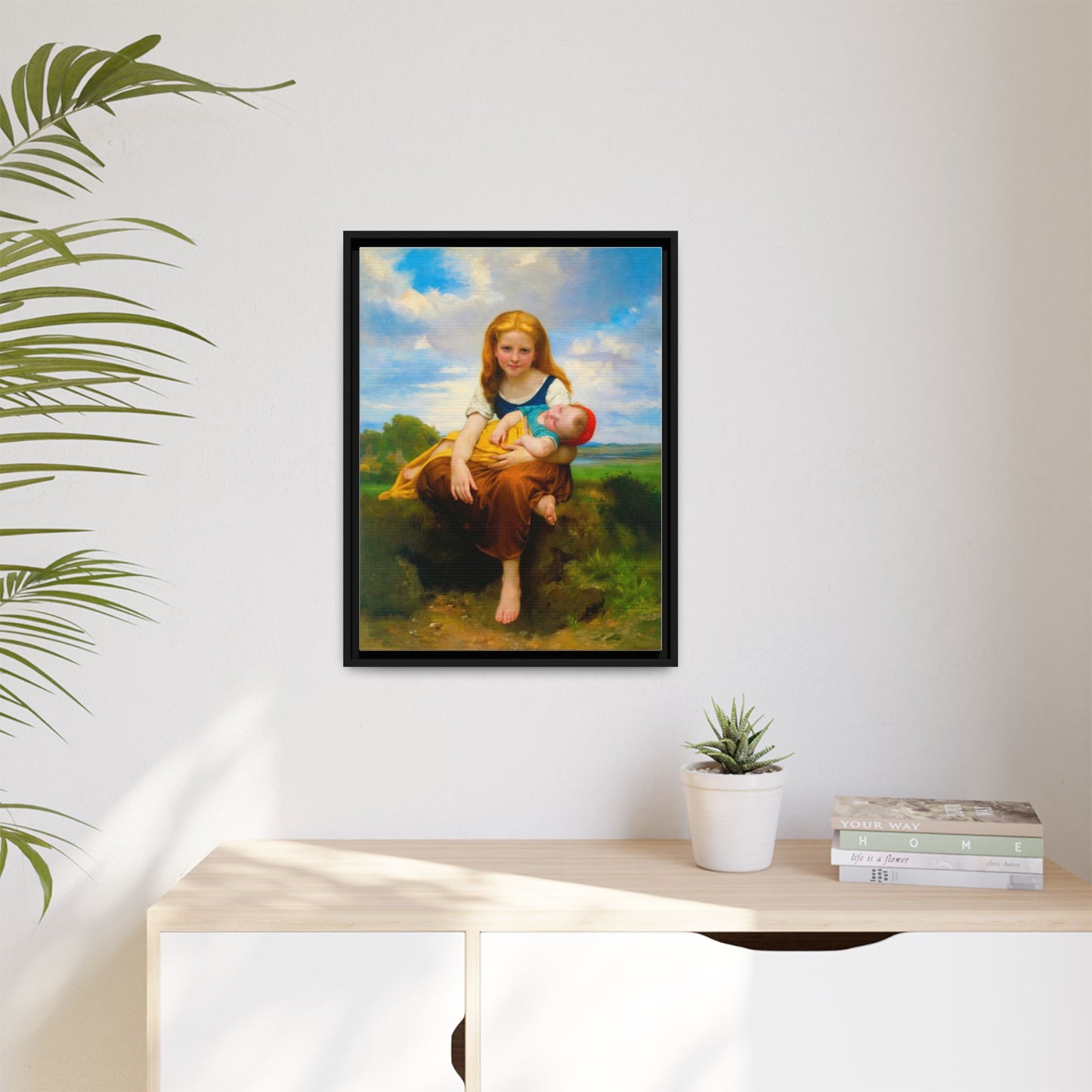 Young Girl Holding Sleeping Baby Canvas Print, Framed Wall Art