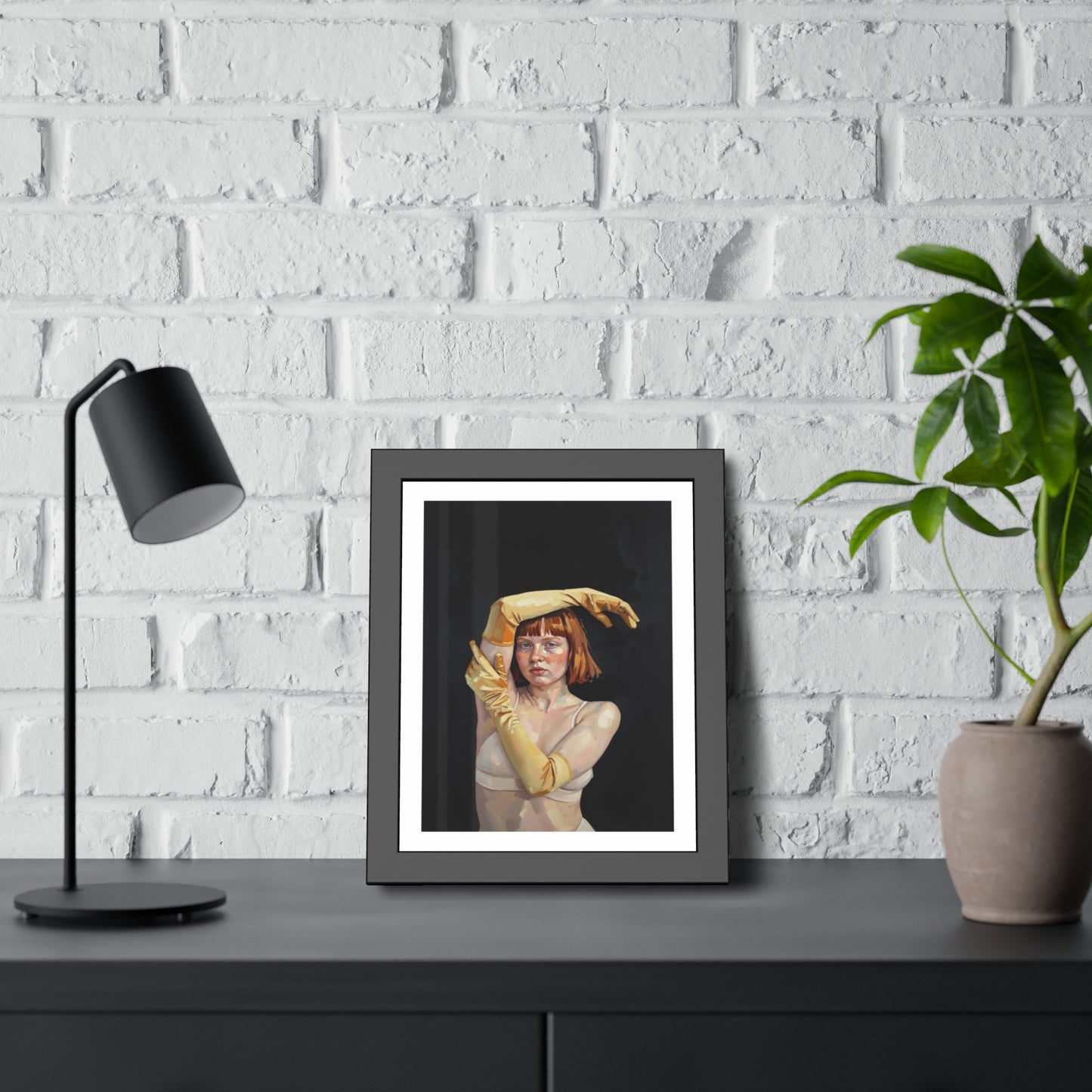 Framed Art Poster — Portrait of Redhead Woman in Yellow Gloves (Gallery Wall Print)