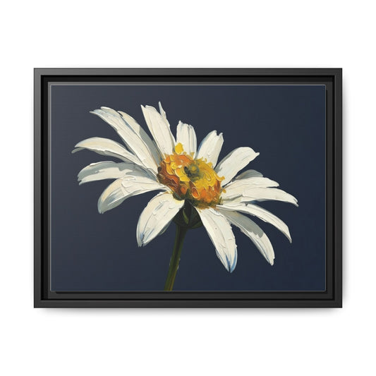 Framed Matte Canvas Daisy Wall Art — White Floral Painting on Navy