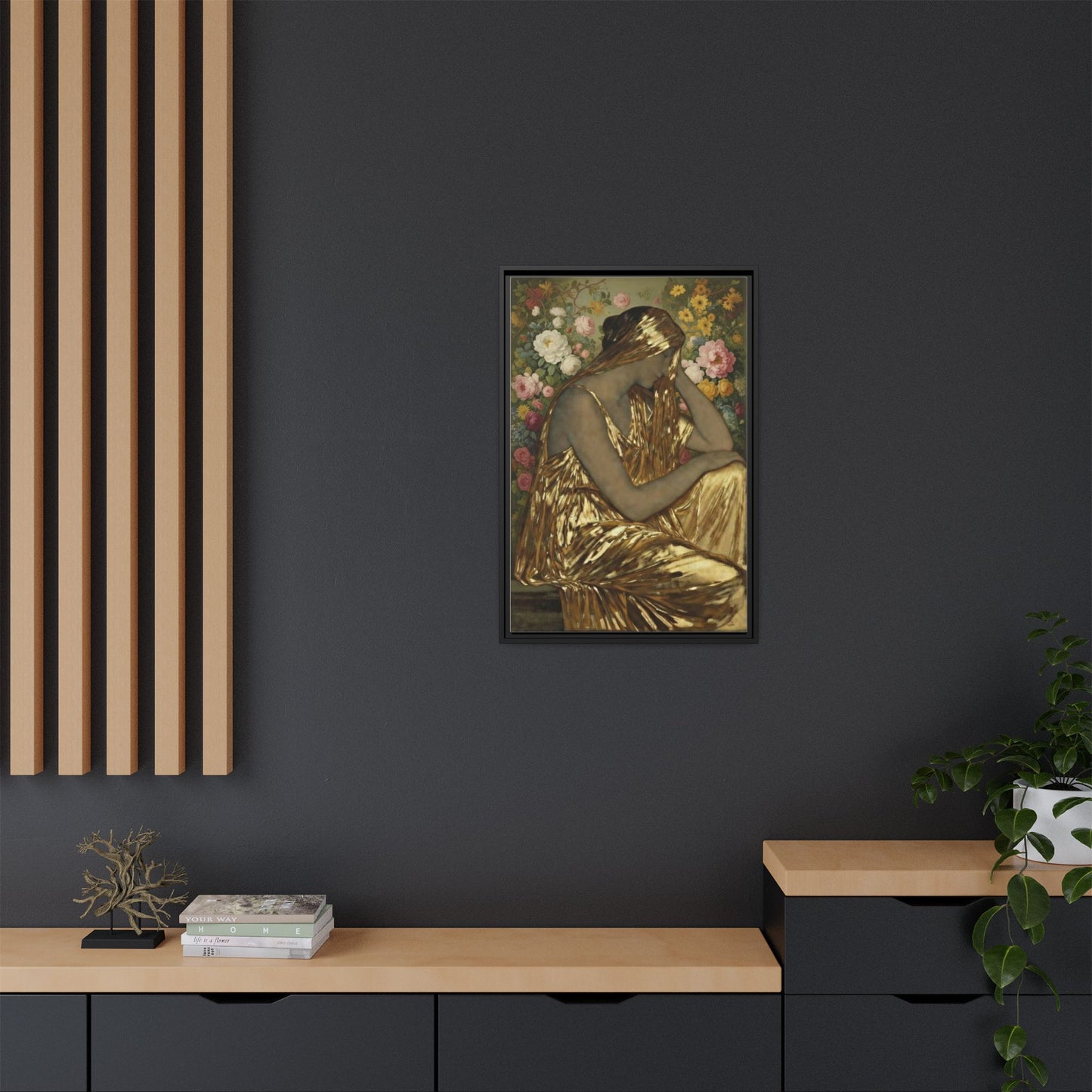 Framed Canvas Art Print — Golden Muse Woman with Floral Background