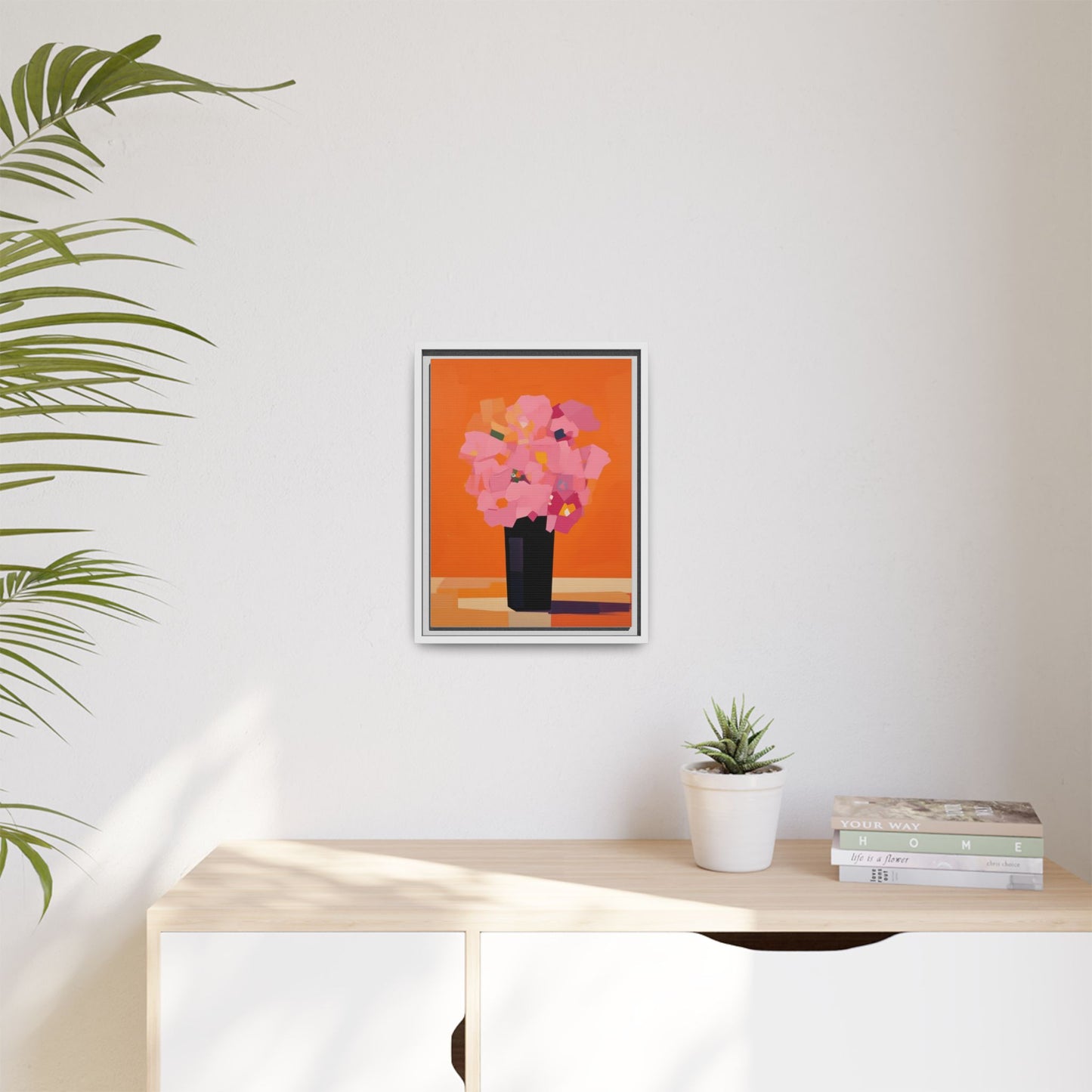 Framed Floral Canvas Art — Pink Bouquet on Orange Background