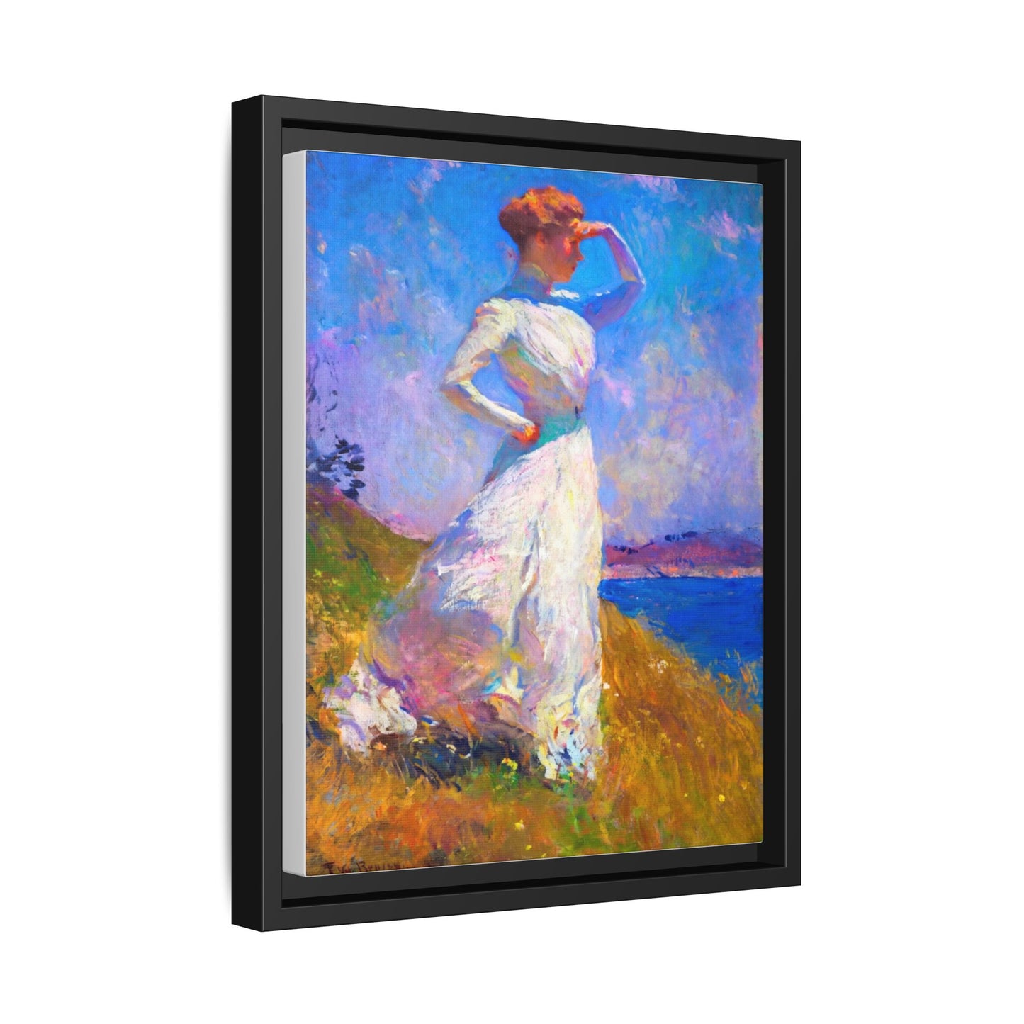 Framed Matte Canvas Art - Woman in White Seaside Impressionist Print