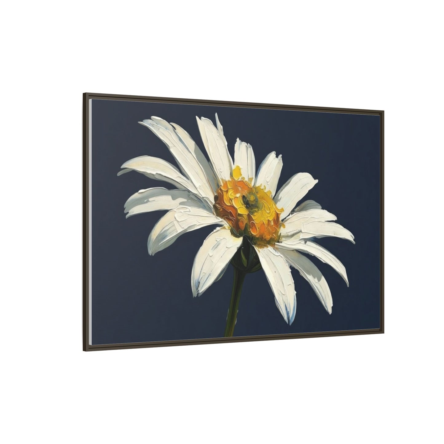 Framed Matte Canvas Daisy Wall Art — White Floral Painting on Navy