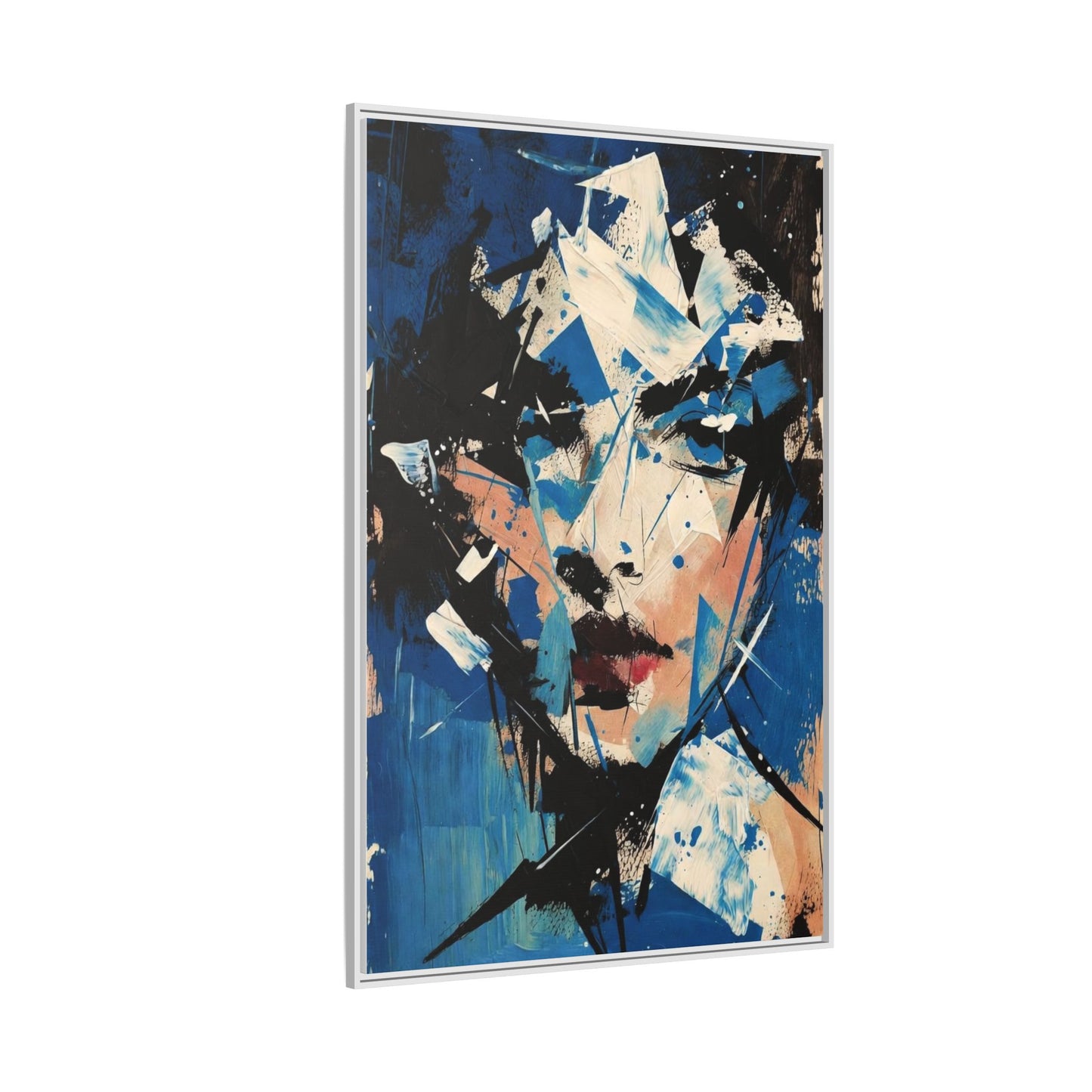 Abstract Portrait Matte Canvas Framed Wall Art — Blue Mixed-Media Face Print