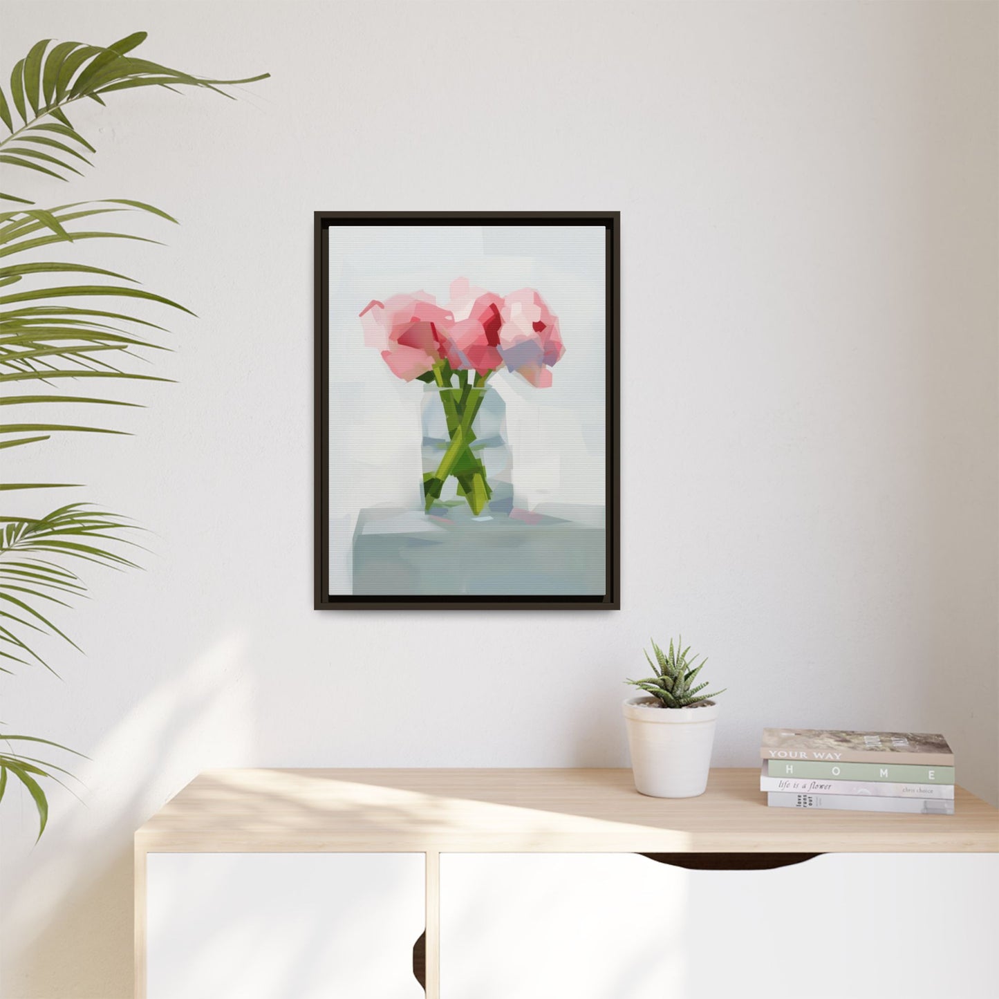 Framed Floral Canvas Art — Pink Peonies in Vase (Matte)