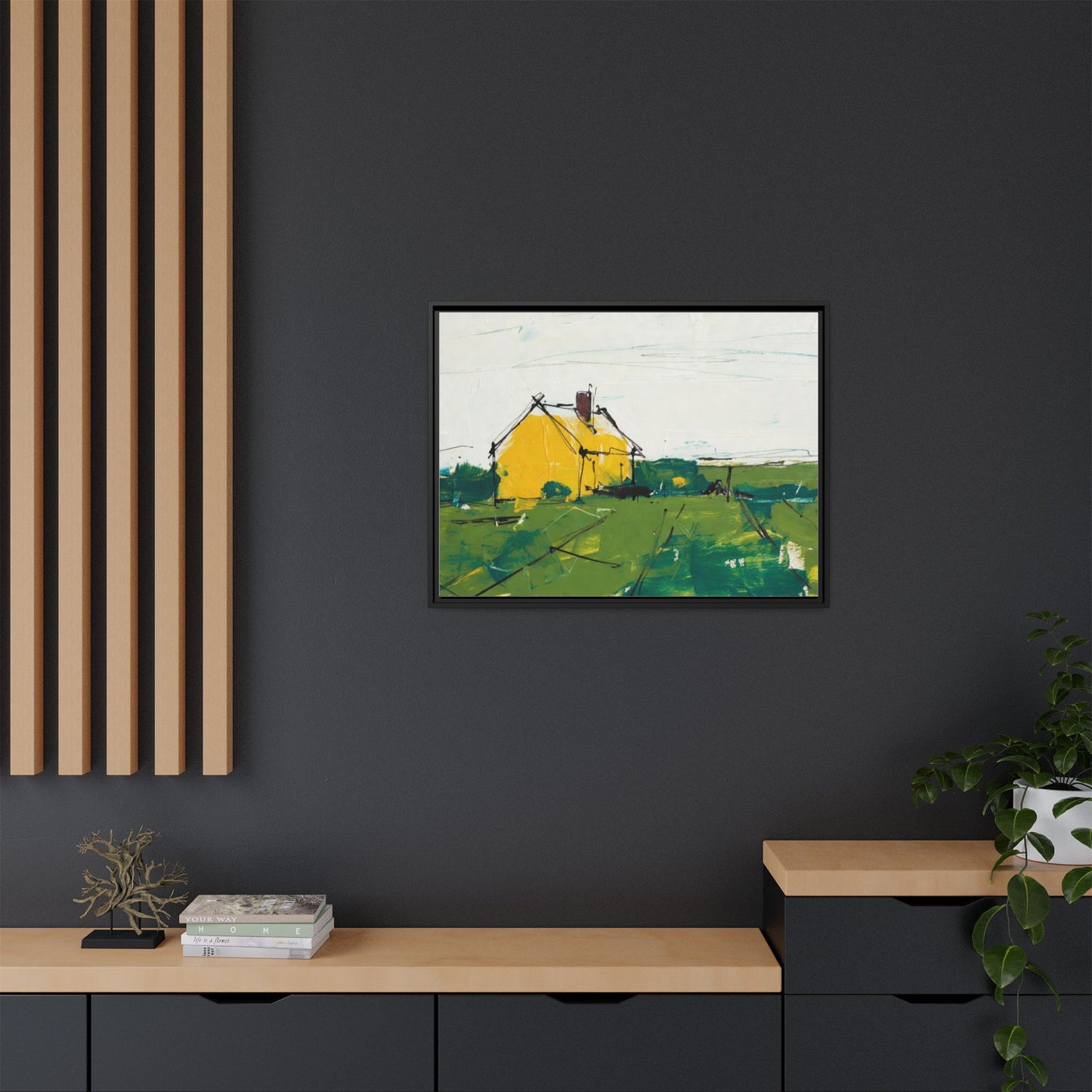 Yellow Cottage Landscape Framed Canvas Print