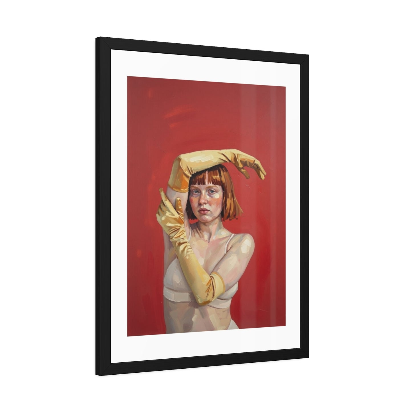 Framed Art Print — Retro Portrait with Yellow Gloves on Red Background