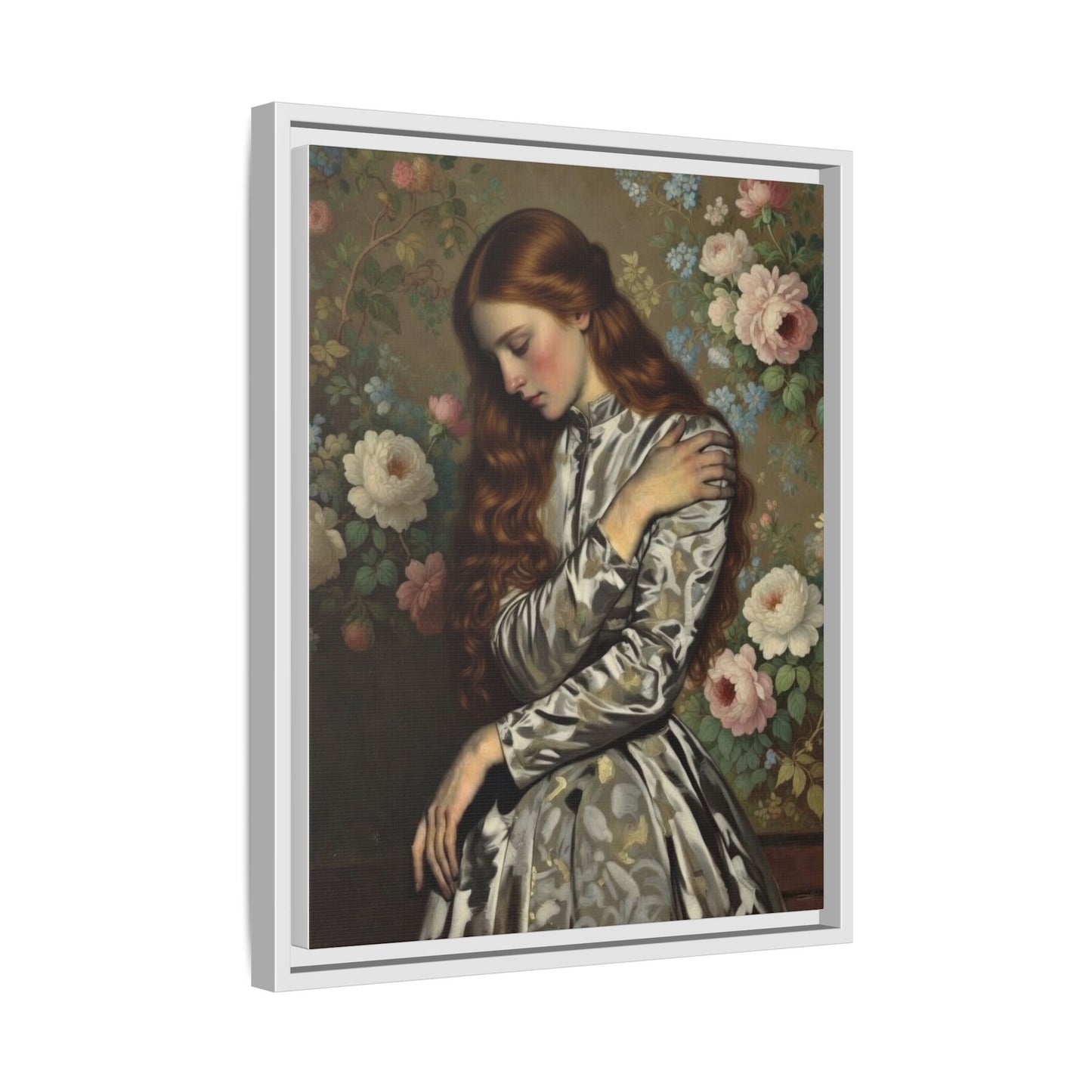 Framed Matte Canvas Art — Vintage Floral Portrait of a Young Woman