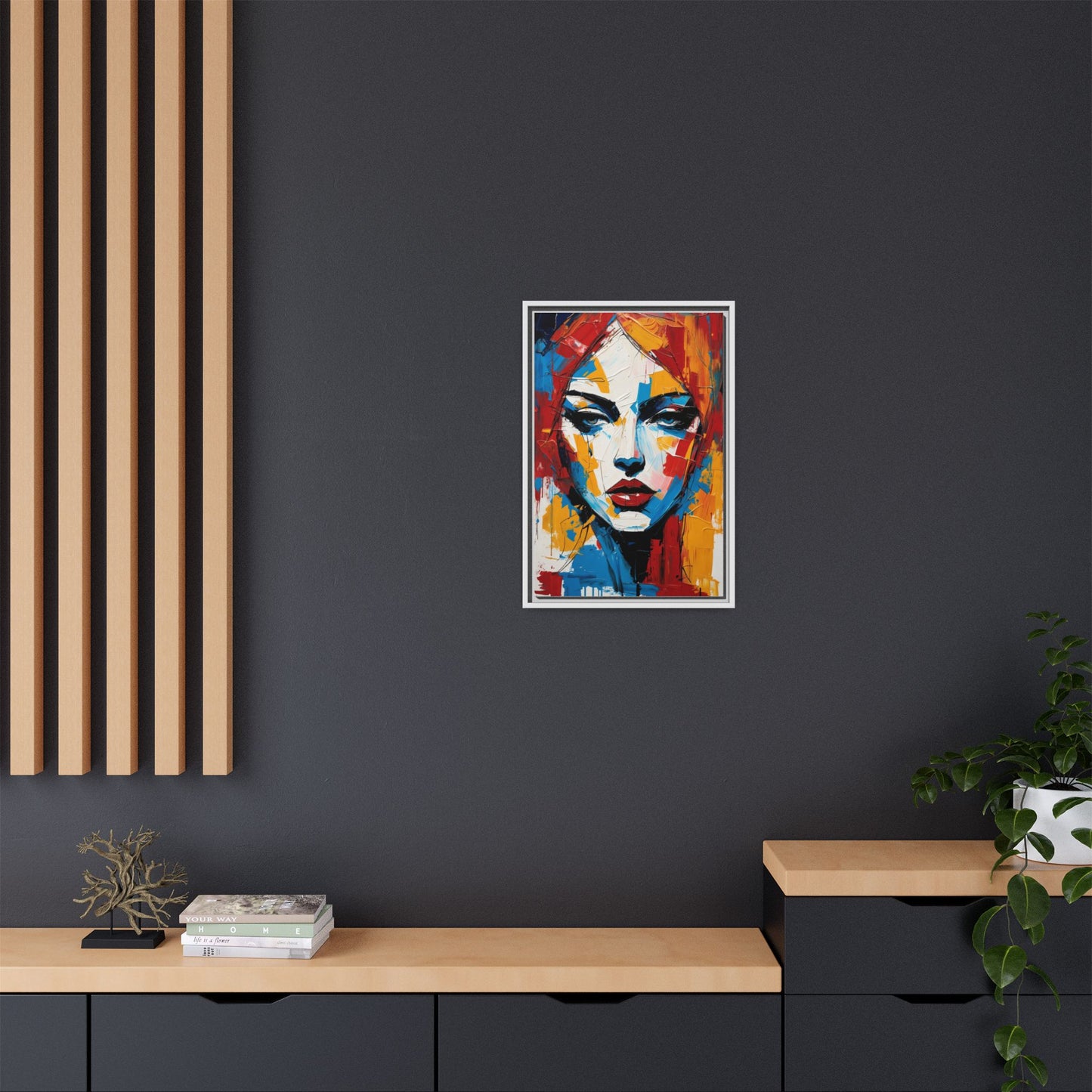 Framed Abstract Portrait Canvas — Colorful Female Face Wall Art