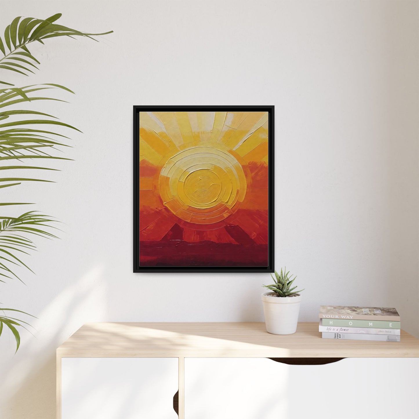 Sunburst Abstract Framed Canvas Art — Matte Multi‑Color Wall Print